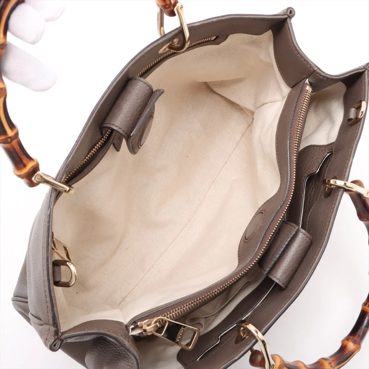 Bamboo Leather 2-Way Handbag, Khaki, 323660 — view 8