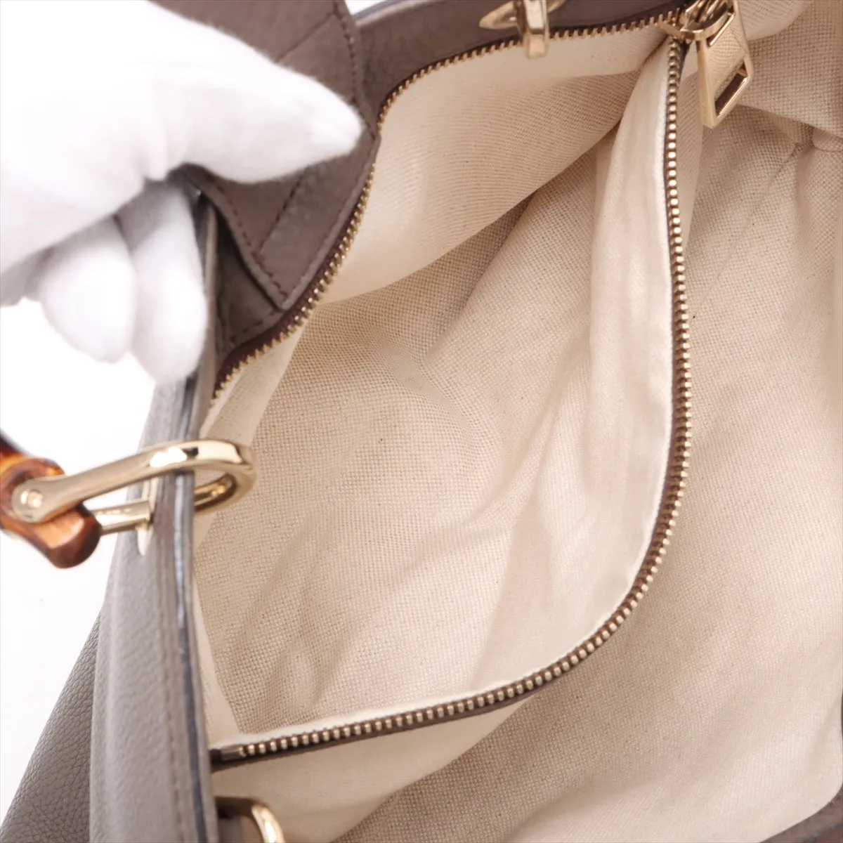 Bamboo Leather 2-Way Handbag, Khaki, 323660 — view 9