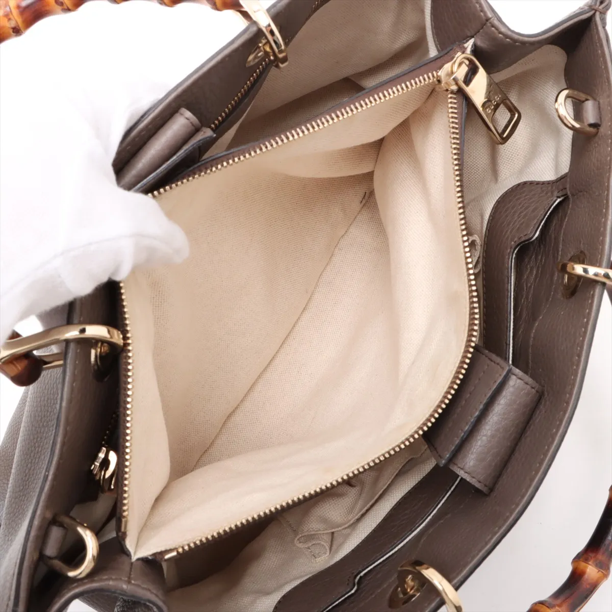 Bamboo Leather 2-Way Handbag, Khaki, 323660 — view 10