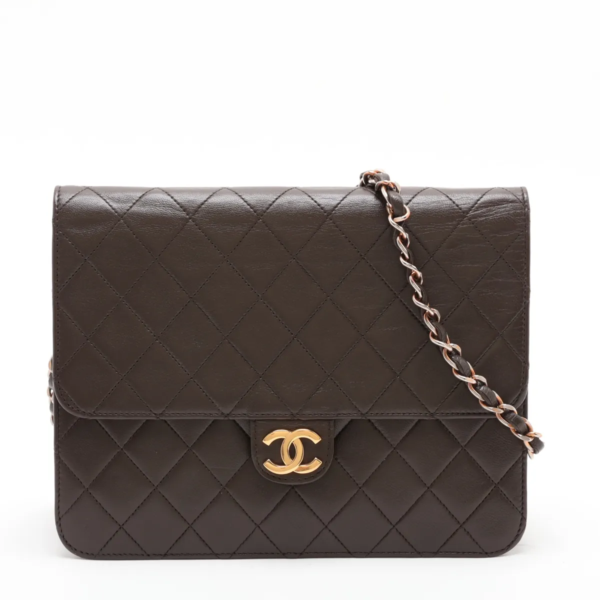 Matelassé Lambskin Chain Shoulder Bag, Push-Lock, Brown, Gold Hardware