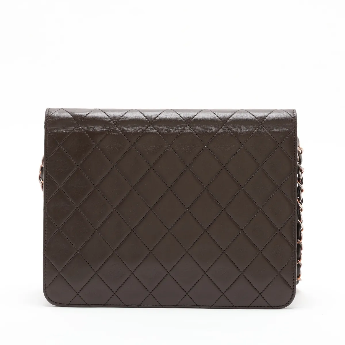 Matelassé Lambskin Chain Shoulder Bag, Push-Lock, Brown, Gold Hardware — view 2