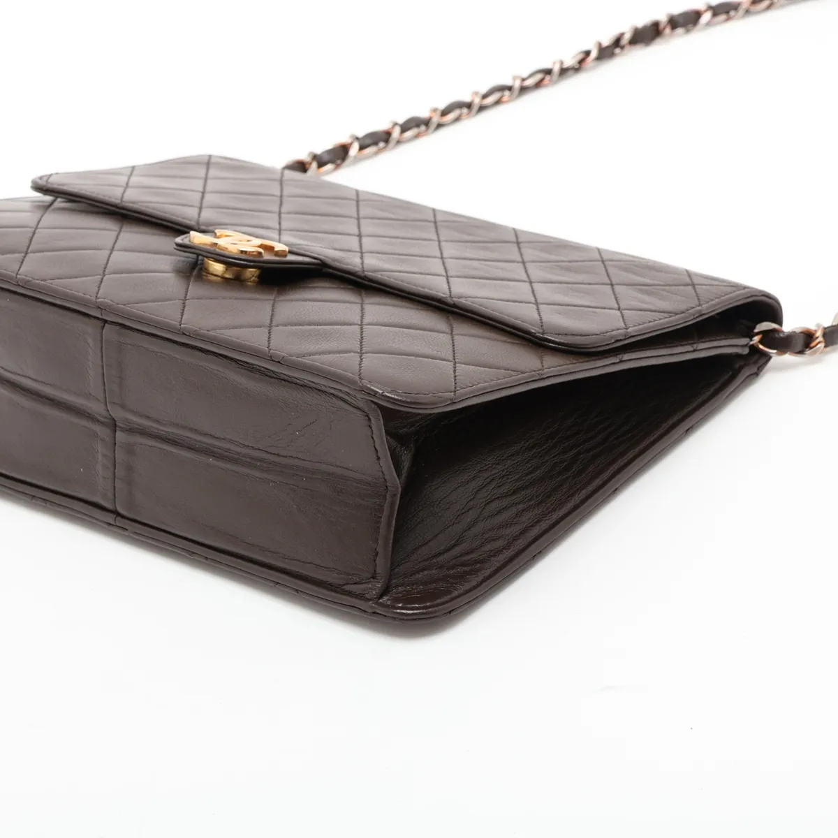 Matelassé Lambskin Chain Shoulder Bag, Push-Lock, Brown, Gold Hardware — view 3