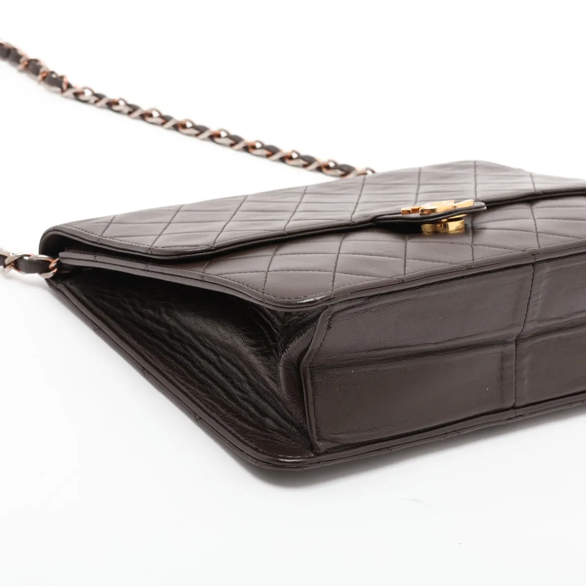 Matelassé Lambskin Chain Shoulder Bag, Push-Lock, Brown, Gold Hardware — view 4