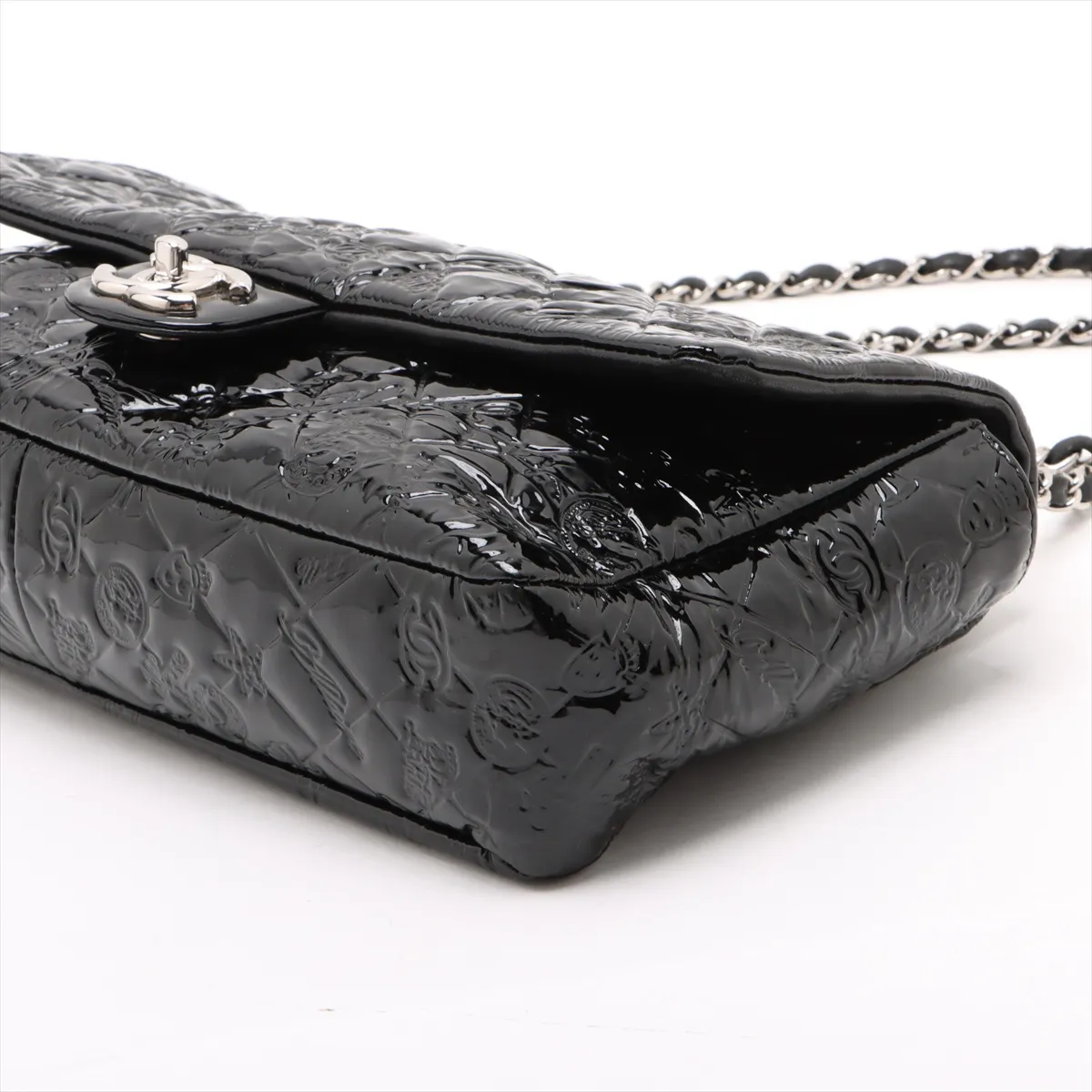 Matelasse patent leather single flap double chain bag black silver hardware 14077625 14th series — view 3