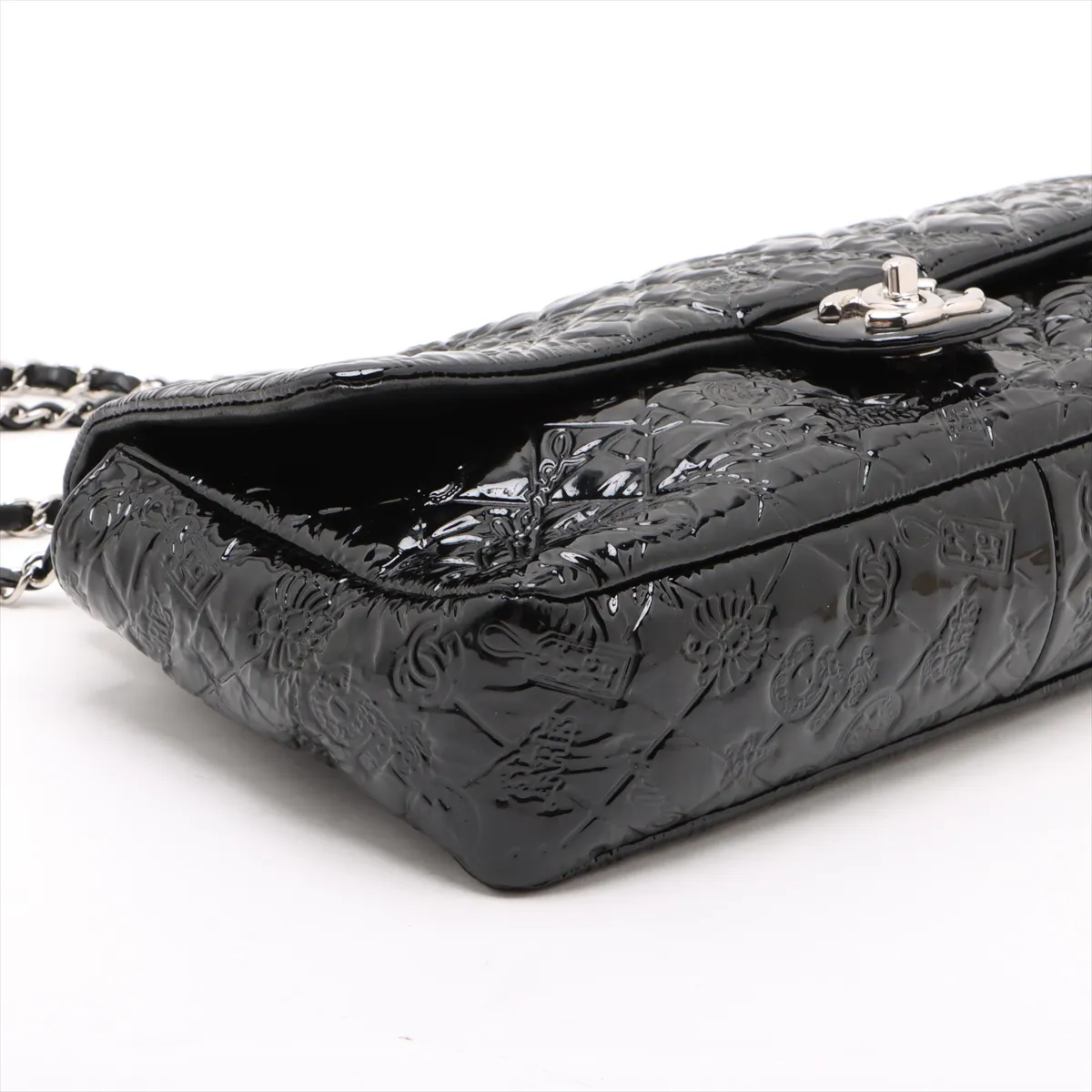 Matelasse patent leather single flap double chain bag black silver hardware 14077625 14th series — view 4