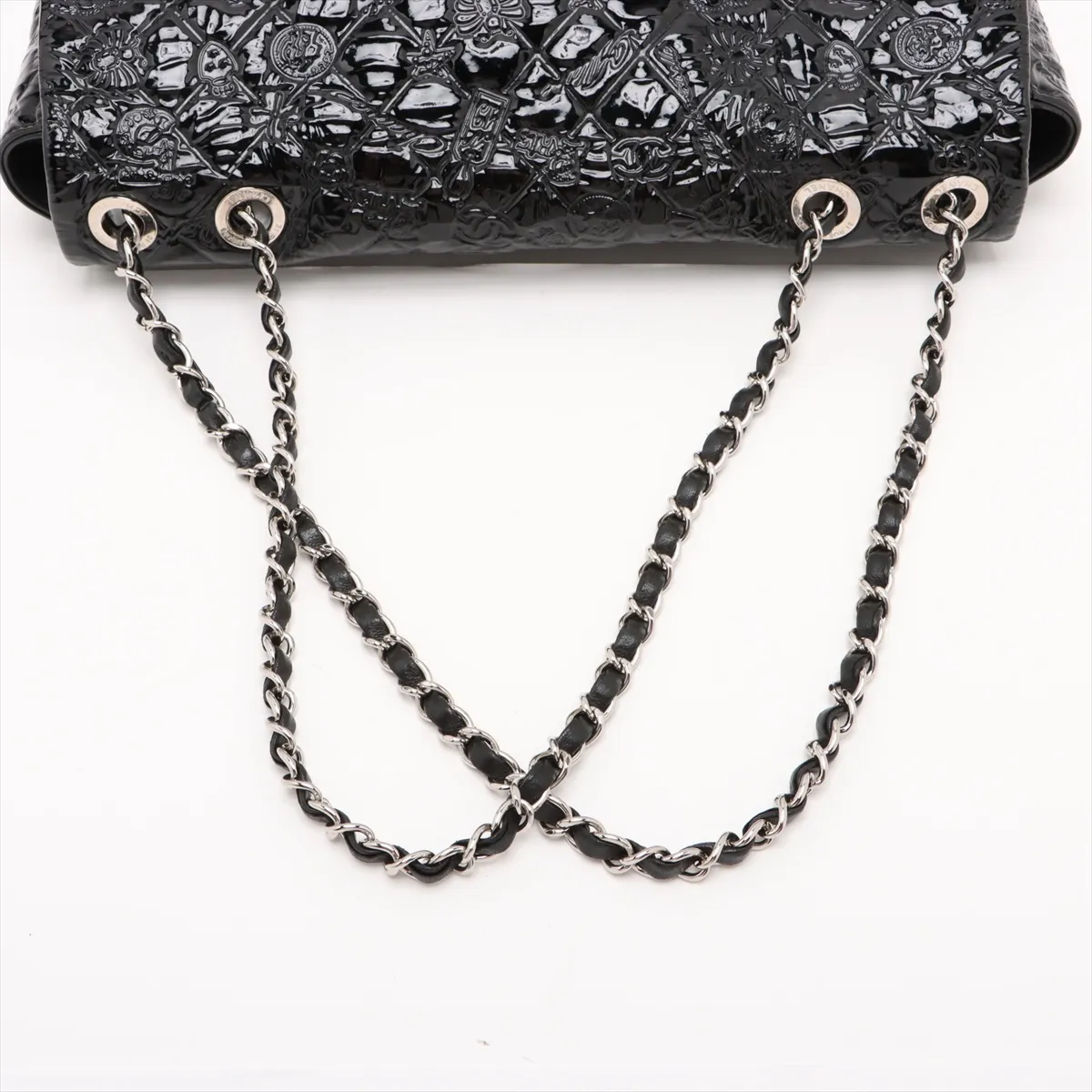 Matelasse patent leather single flap double chain bag black silver hardware 14077625 14th series — view 5