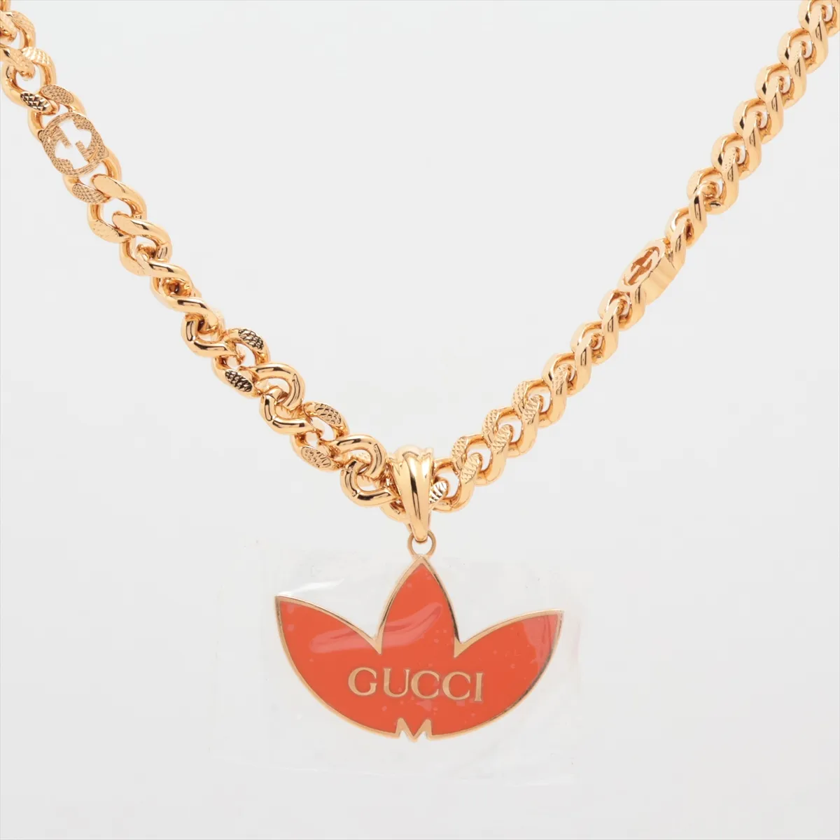 x Adidas Trefoil Gold Chain Necklace, GP Orange x Gold, with some wear, tarnishing, and stains. — view 2