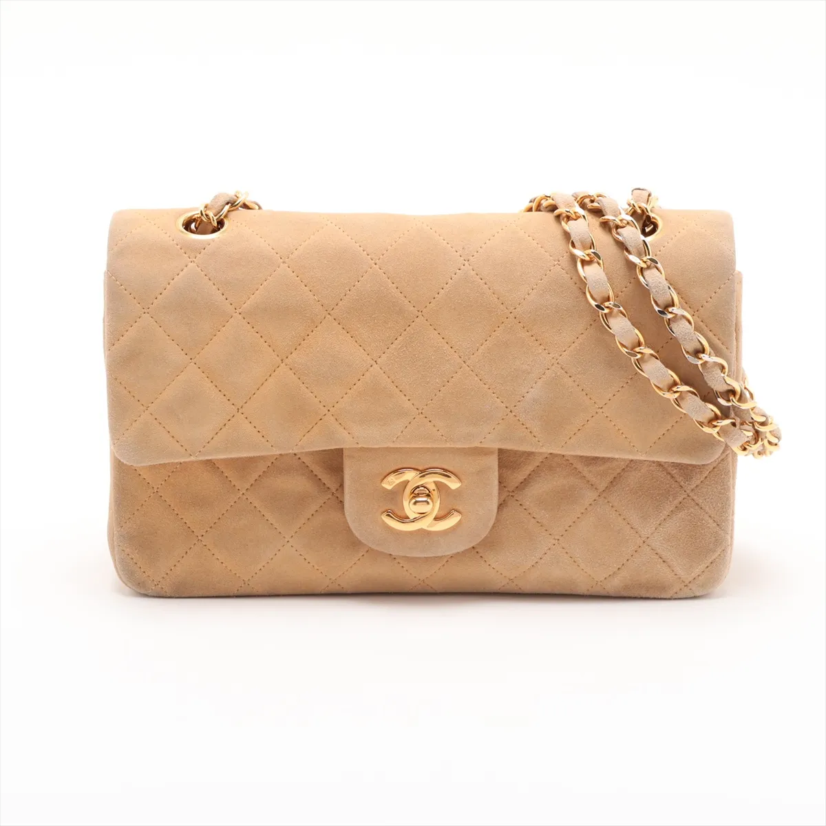 Matelassé 23 Small Suede Double Flap Double Chain Bag, Beige, Gold Hardware, 2640798, Series 2, A01113