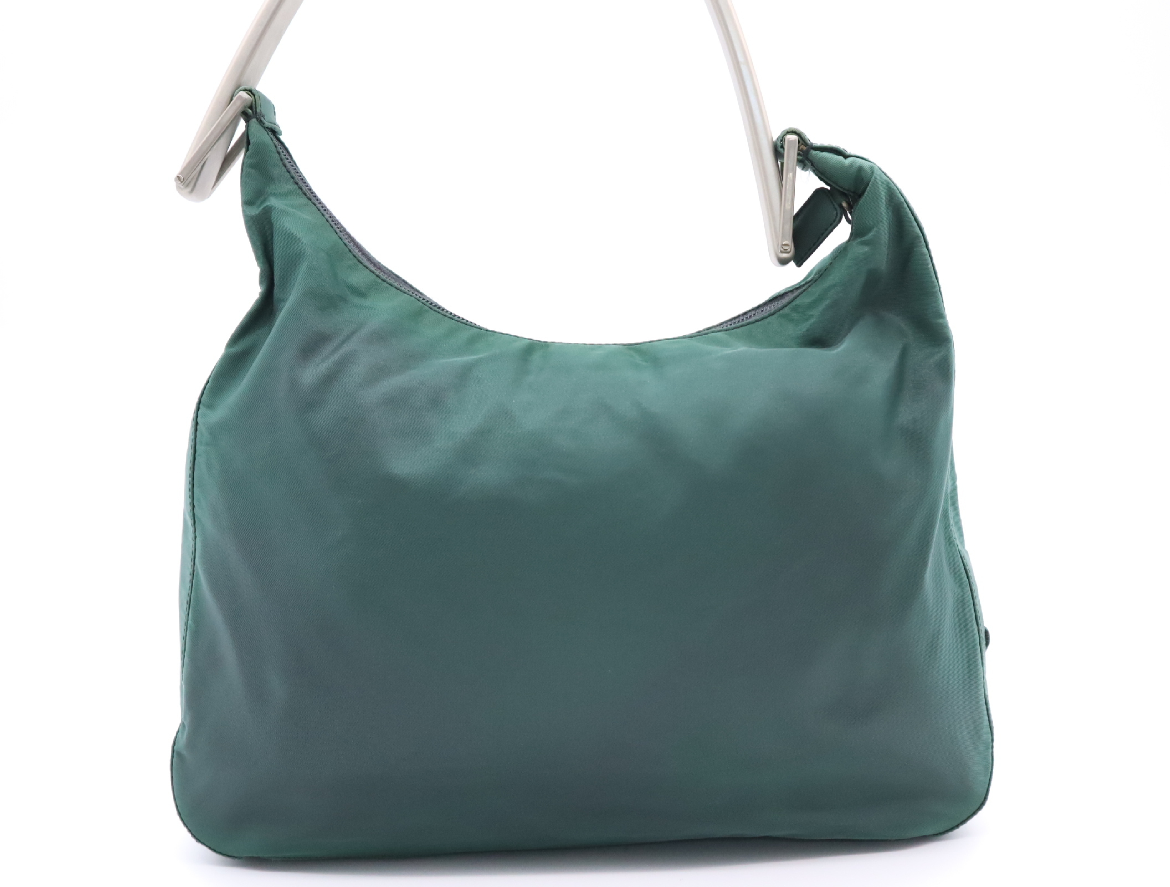 Tessuto Nylon One-Shoulder Bag with Metal Handle, Green, Silver Hardware — view 2