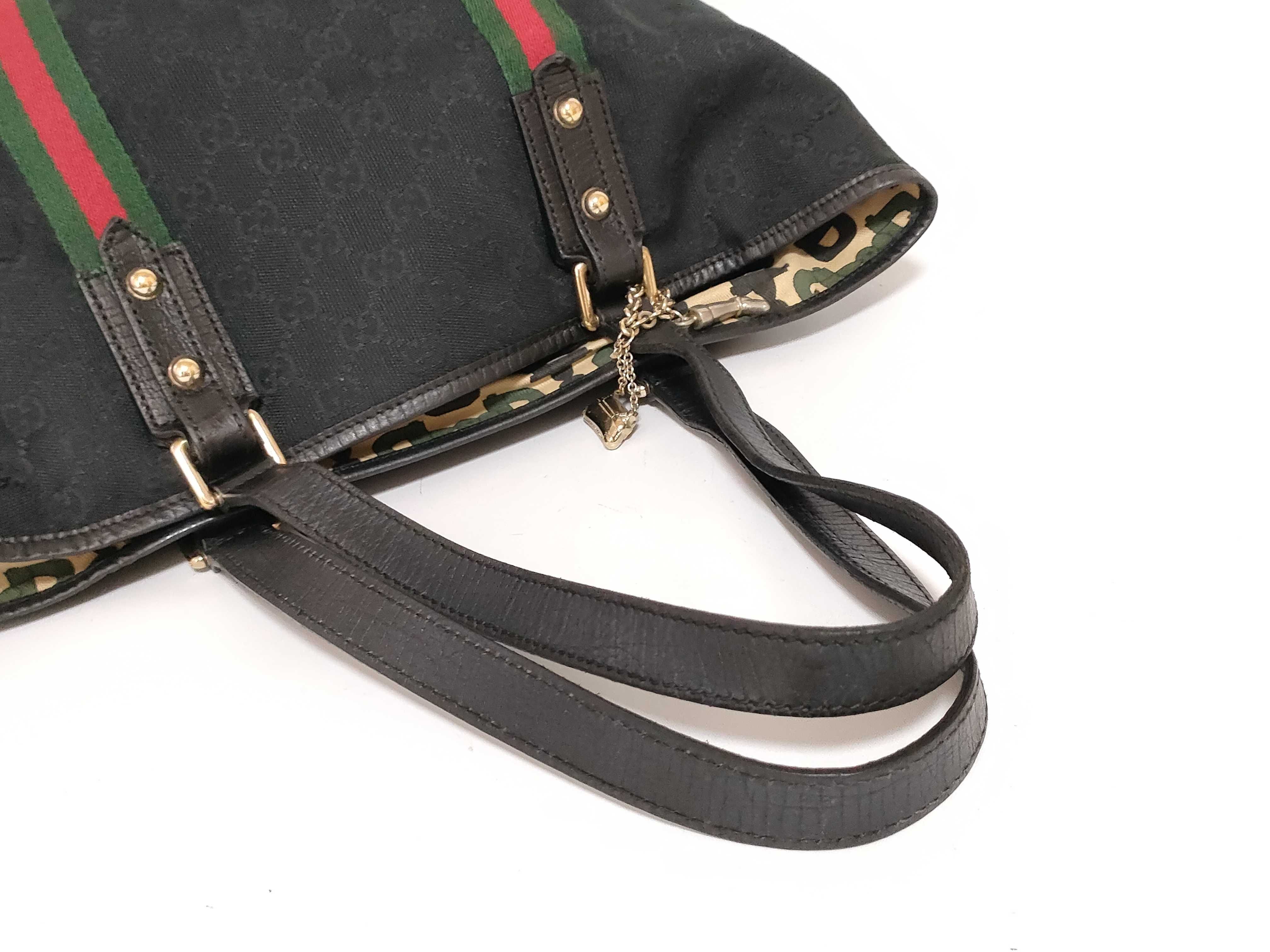 GG Canvas Tote Bag, Canvas Sherry Line, Black, Green, Red, Handbag — view 3
