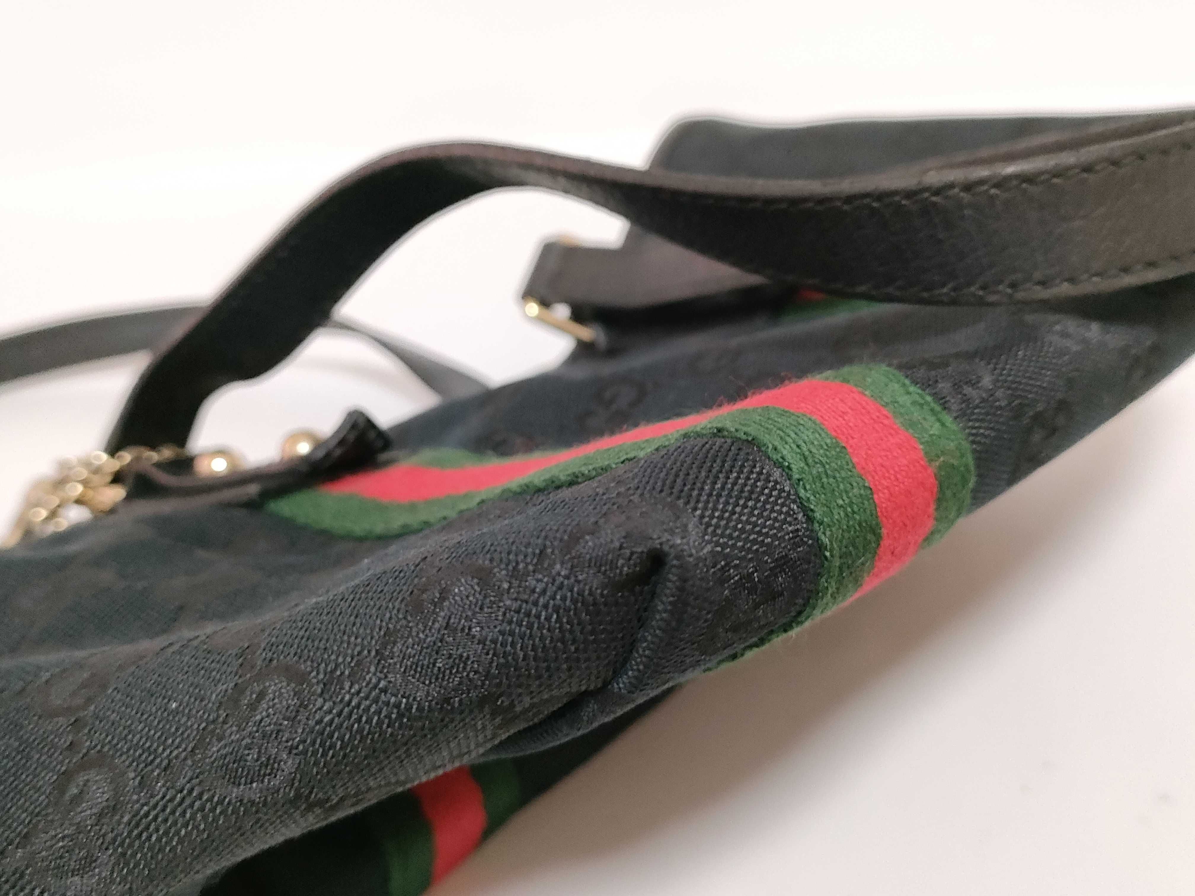 GG Canvas Tote Bag, Canvas Sherry Line, Black, Green, Red, Handbag — view 7