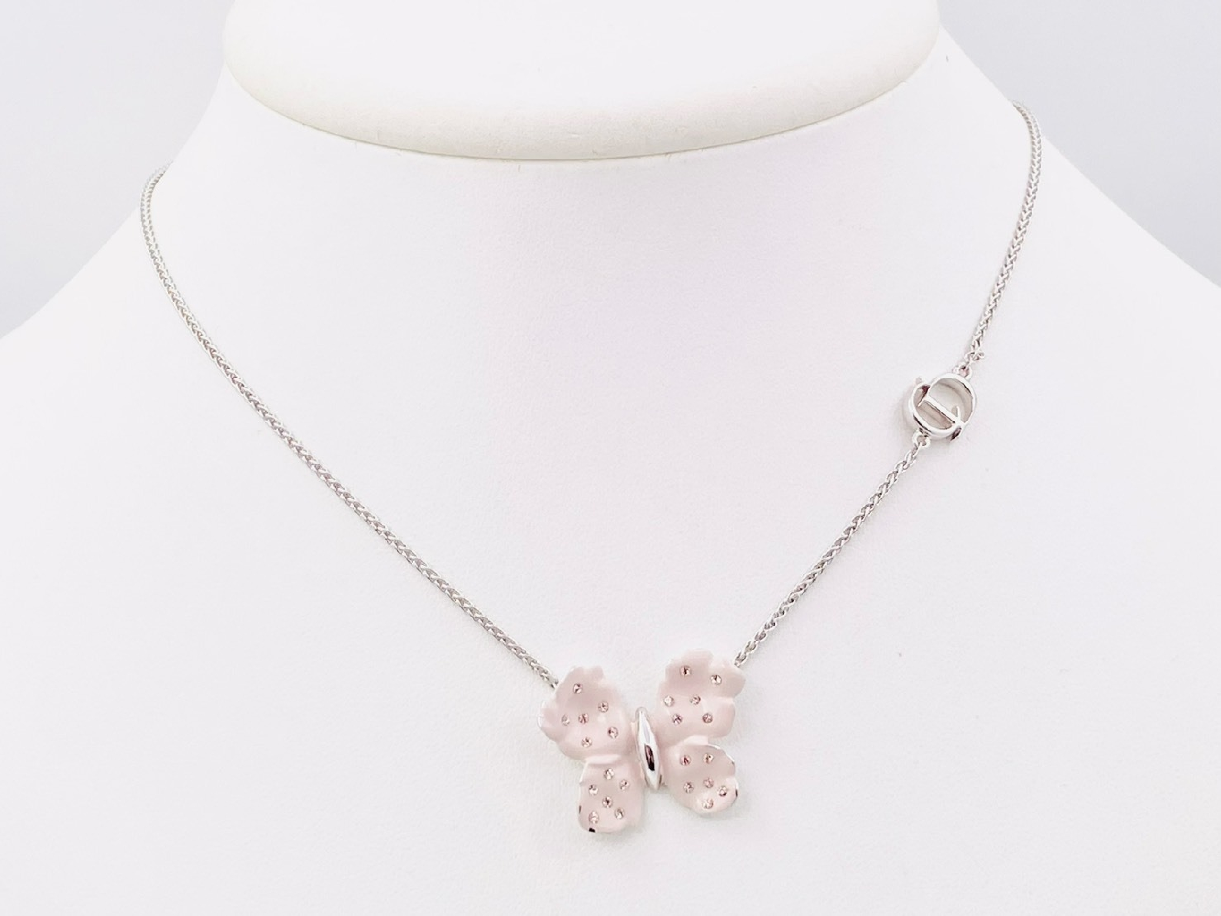 Butterfly Papillon Butterfly CD Logo Charm Rhinestone Necklace Enamel Pink x Silver Necklace — view 2