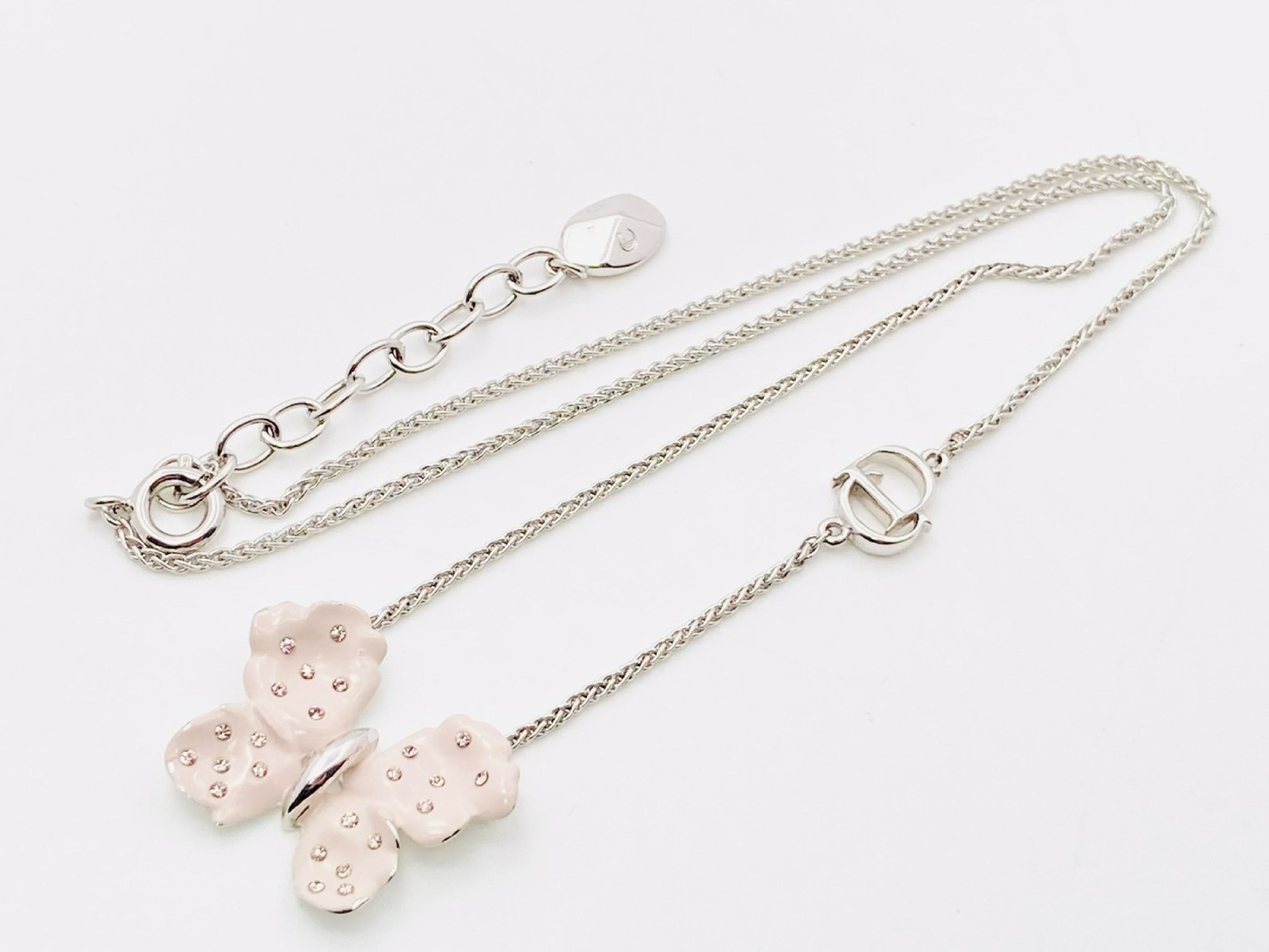 Butterfly Papillon Butterfly CD Logo Charm Rhinestone Necklace Enamel Pink x Silver Necklace — view 3