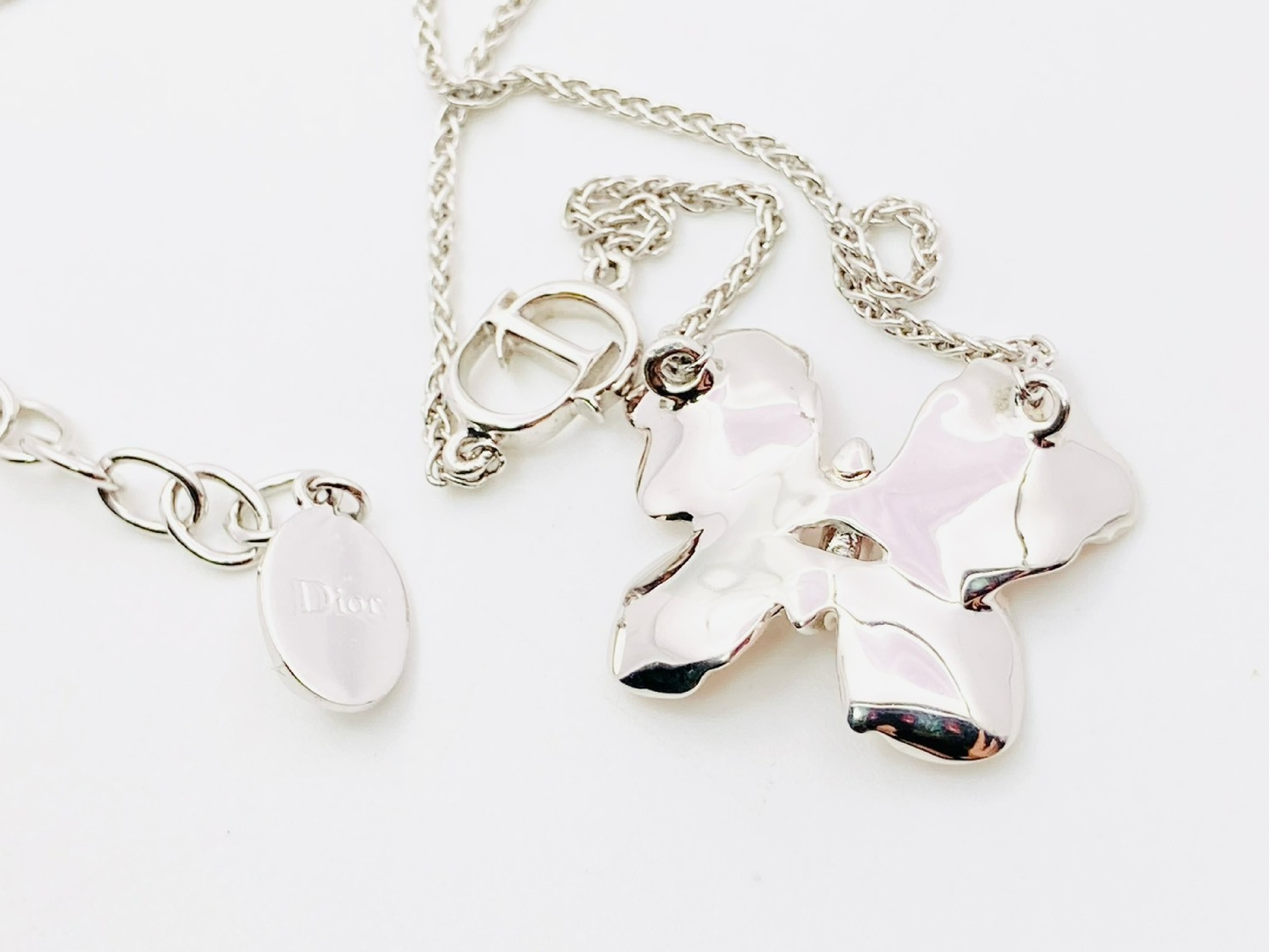 Butterfly Papillon Butterfly CD Logo Charm Rhinestone Necklace Enamel Pink x Silver Necklace — view 4