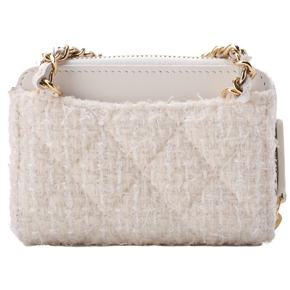 Tweed ribbon chain shoulder bag with Coco Mark, white, gold hardware. — view 2