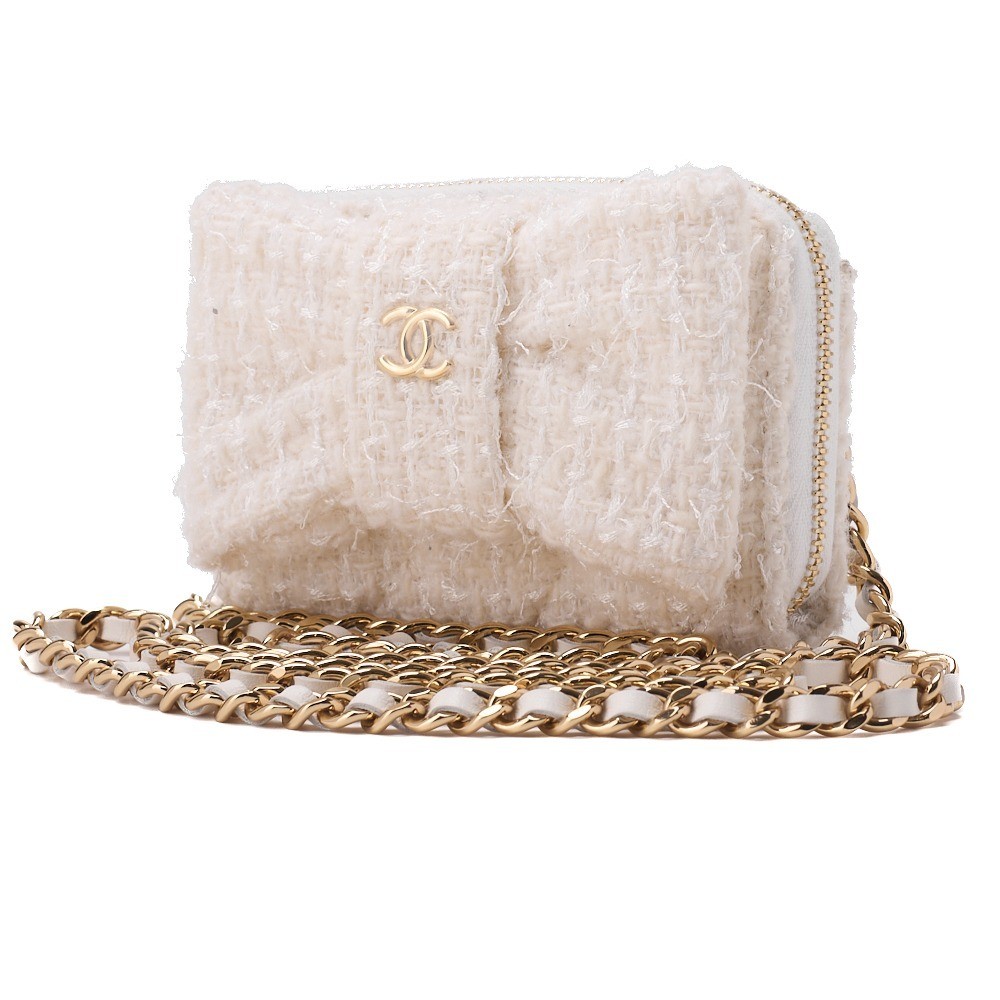 Tweed ribbon chain shoulder bag with Coco Mark, white, gold hardware. — view 3