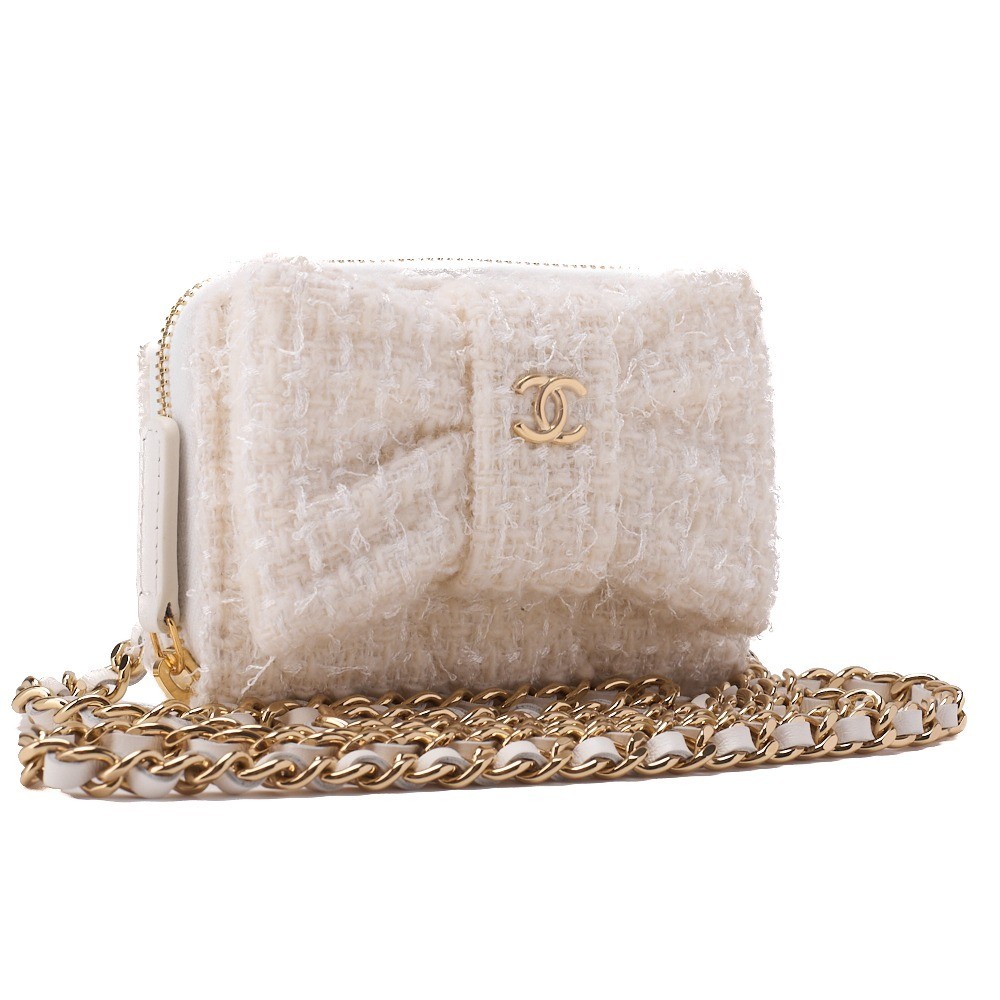 Tweed ribbon chain shoulder bag with Coco Mark, white, gold hardware. — view 4