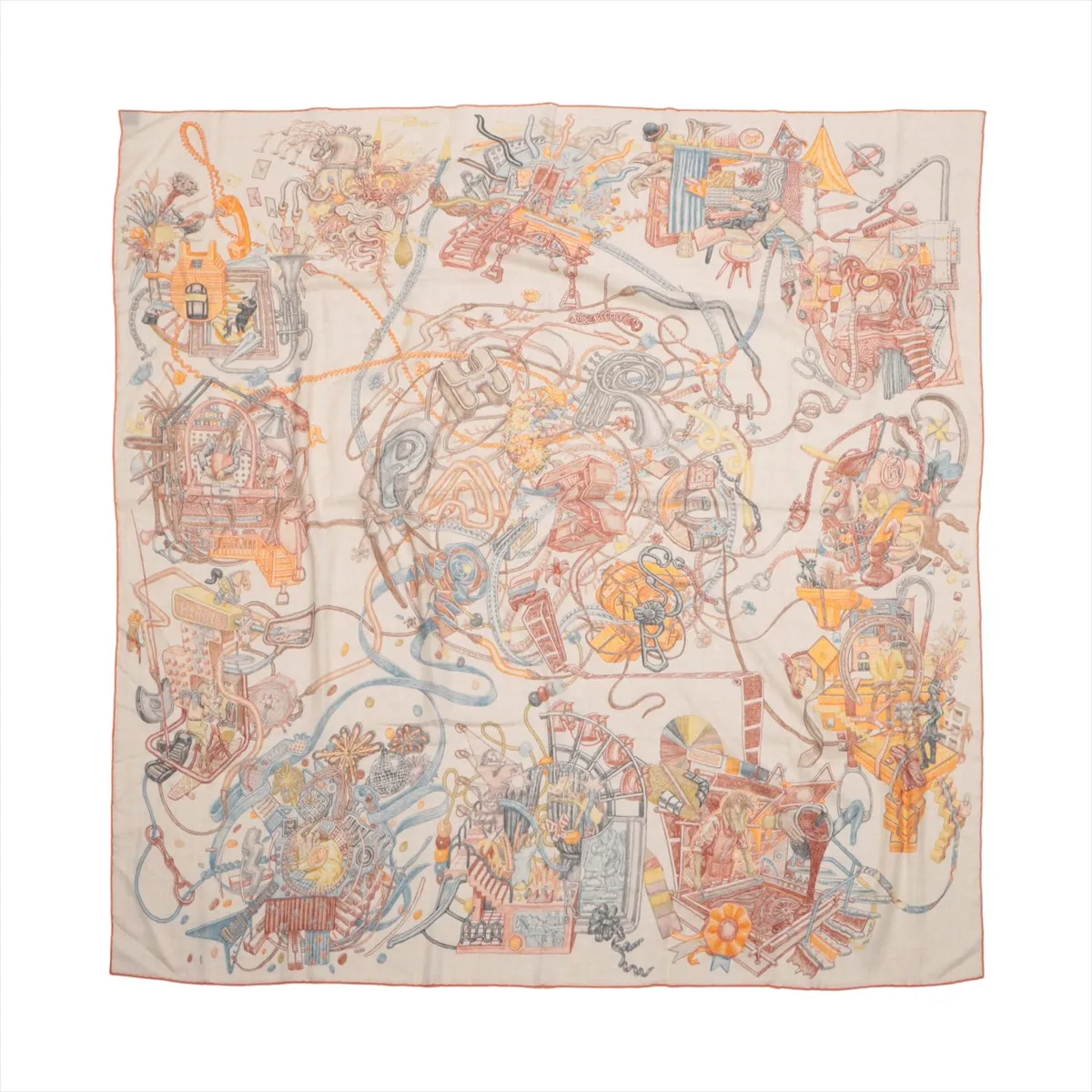Carre Geant LE MONDE D’HERMES - A scarf from the world of . Cashmere x silk. Orange. Some wear, snags, and pilling.