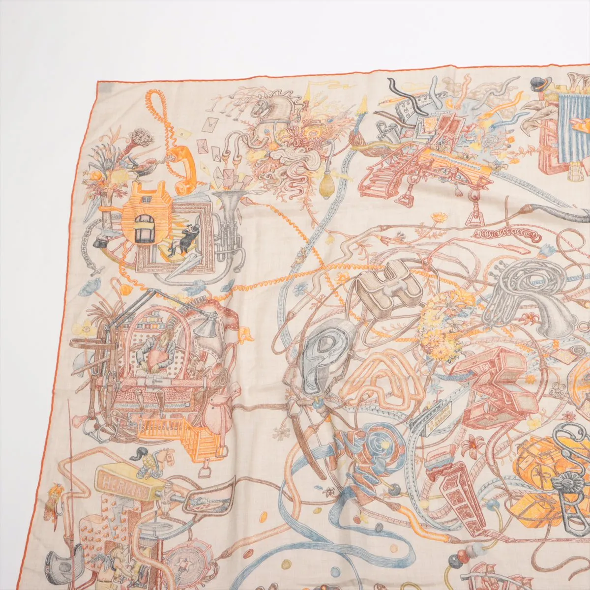 Carre Geant LE MONDE D’HERMES - A scarf from the world of . Cashmere x silk. Orange. Some wear, snags, and pilling. — view 2