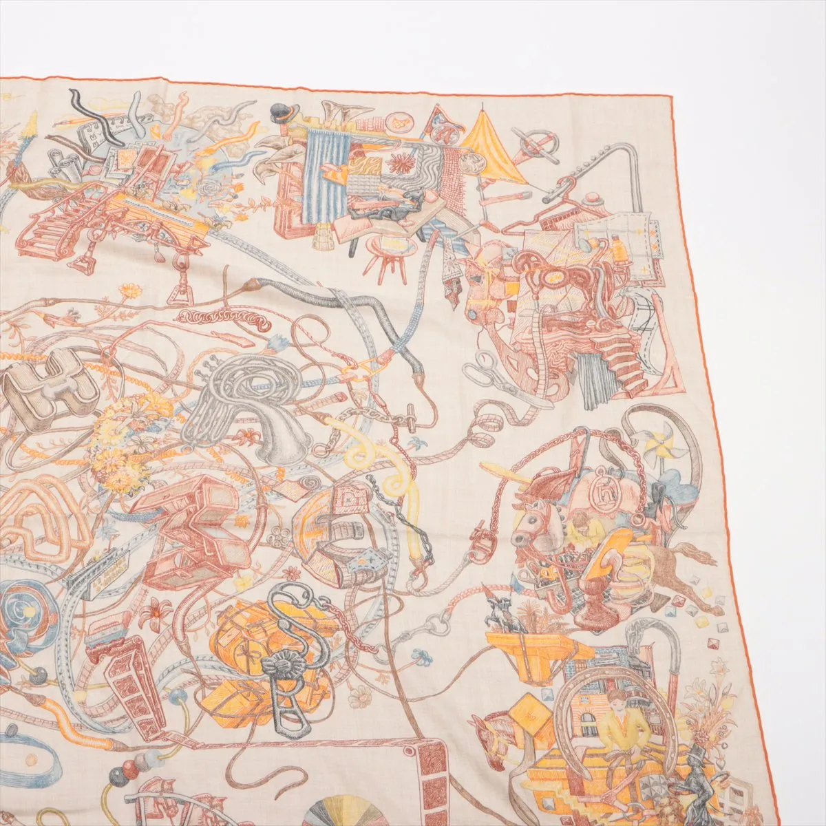 Carre Geant LE MONDE D’HERMES - A scarf from the world of . Cashmere x silk. Orange. Some wear, snags, and pilling. — view 3