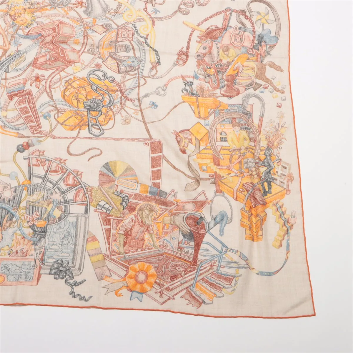 Carre Geant LE MONDE D’HERMES - A scarf from the world of . Cashmere x silk. Orange. Some wear, snags, and pilling. — view 4