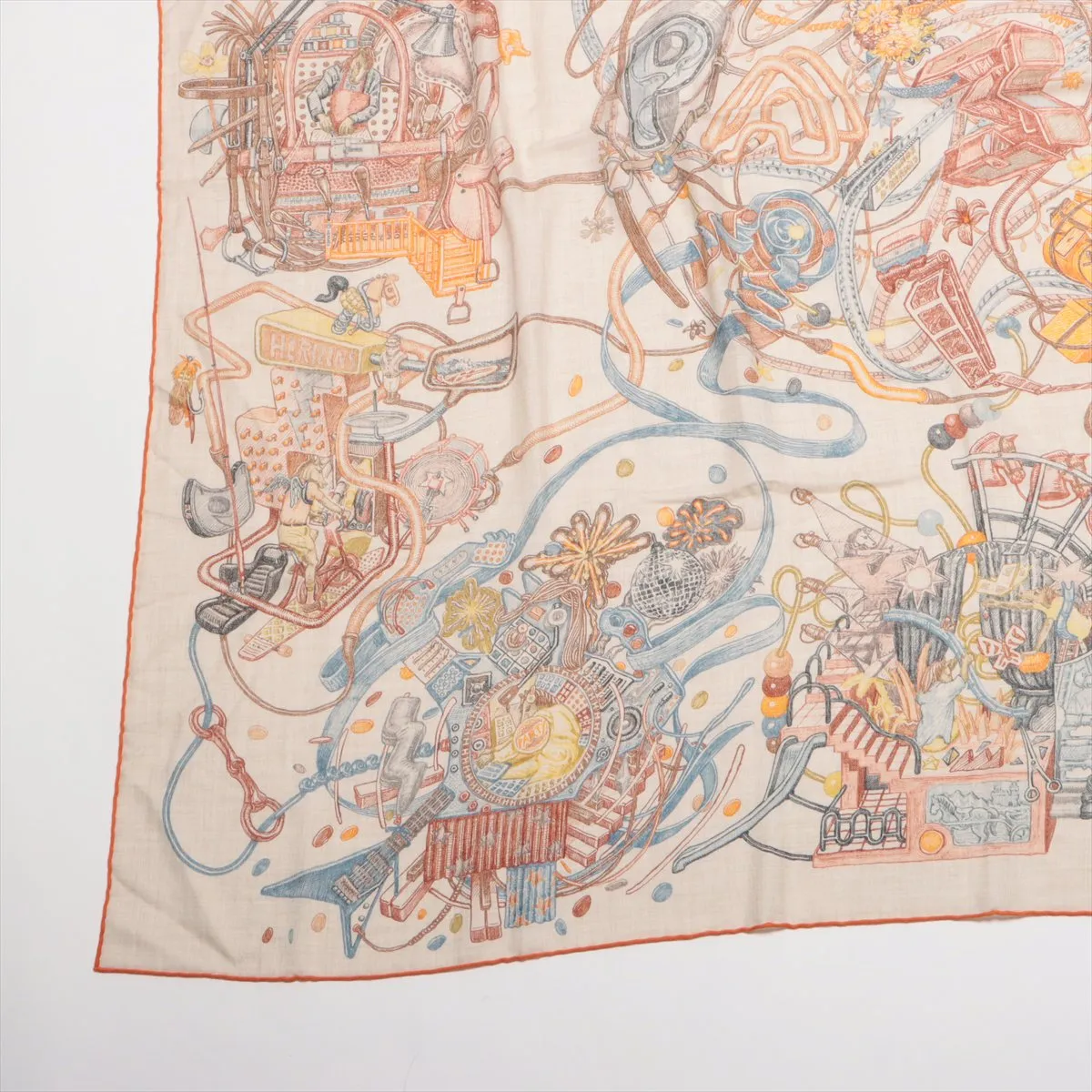 Carre Geant LE MONDE D’HERMES - A scarf from the world of . Cashmere x silk. Orange. Some wear, snags, and pilling. — view 5