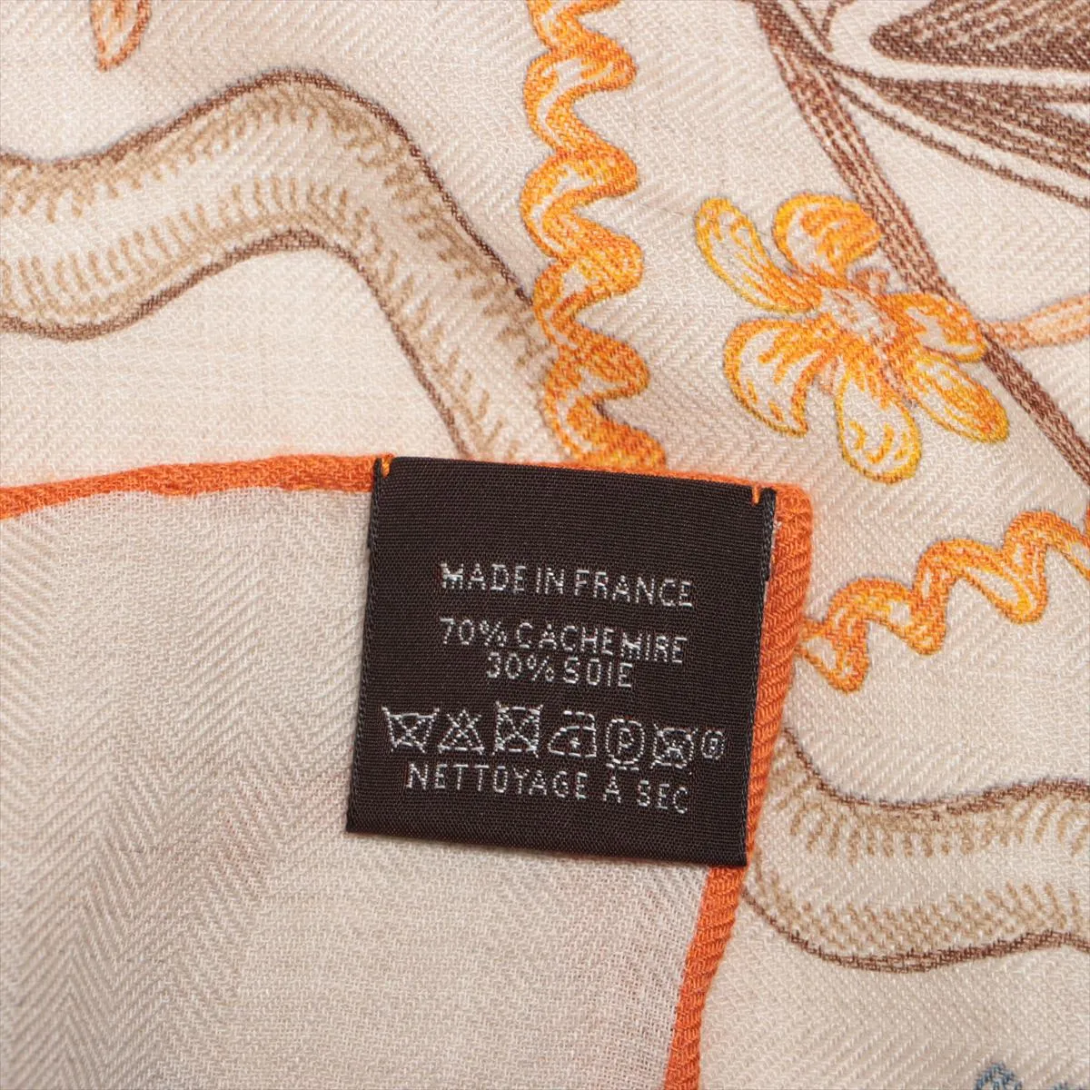 Carre Geant LE MONDE D’HERMES - A scarf from the world of . Cashmere x silk. Orange. Some wear, snags, and pilling. — view 6