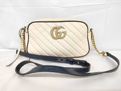 GG Marmont Leather Shoulder Bag, Ivory/Navy, Women's, 447632, Free Shipping, Used, z10847