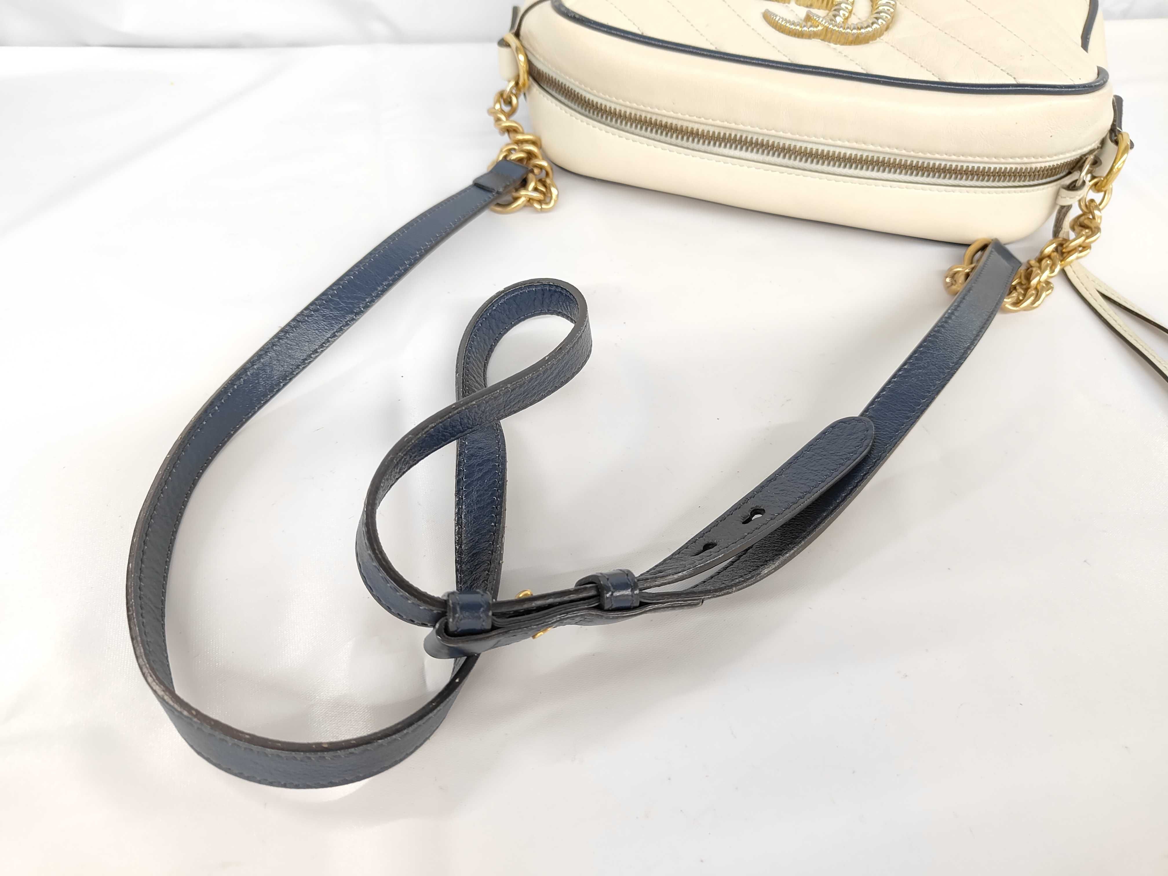 GG Marmont Leather Shoulder Bag, Ivory/Navy, Women's, 447632, Free Shipping, Used, z10847 — view 3
