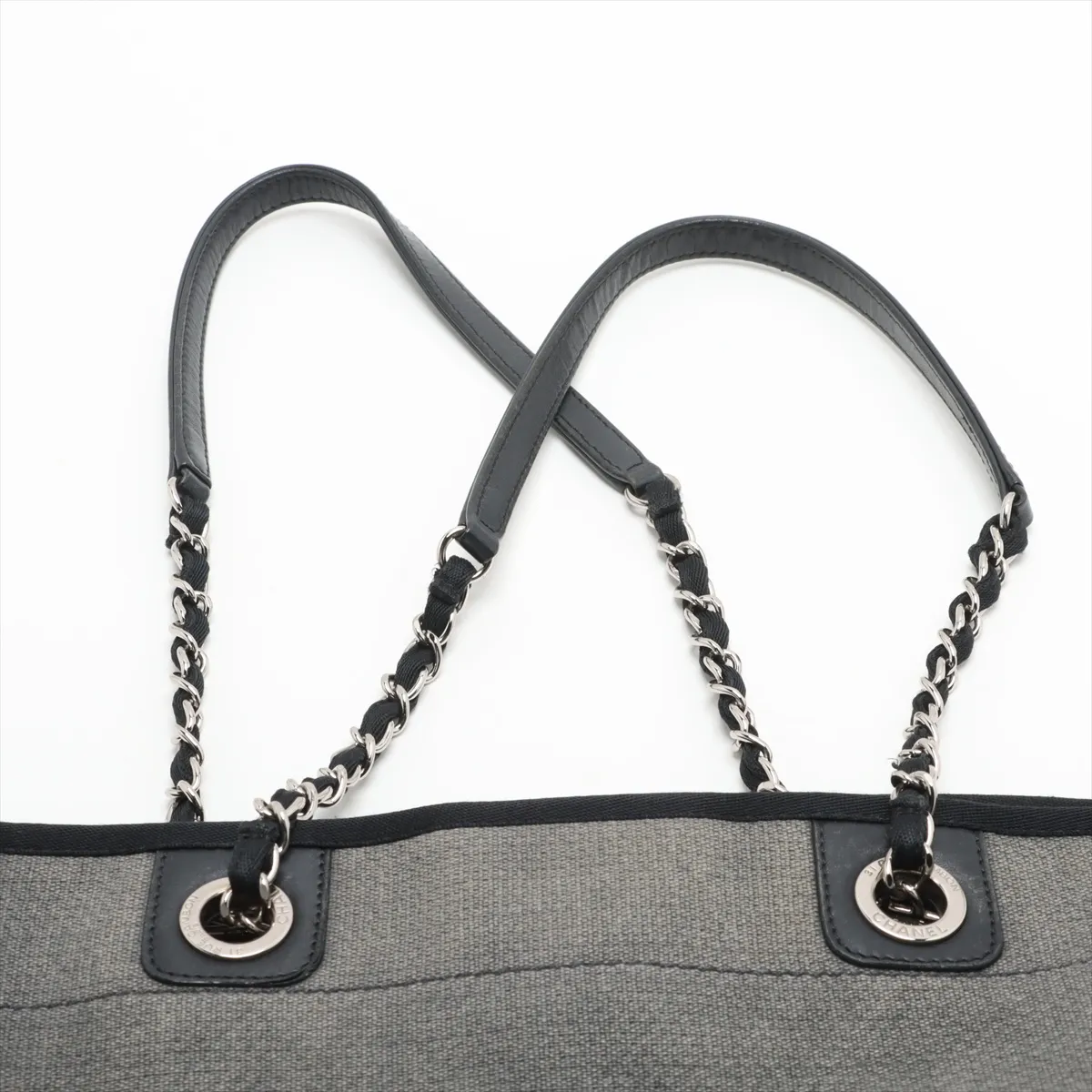 Deauville MM canvas x leather chain tote bag gray x black silver hardware 16078238 16th series A67001 — view 6