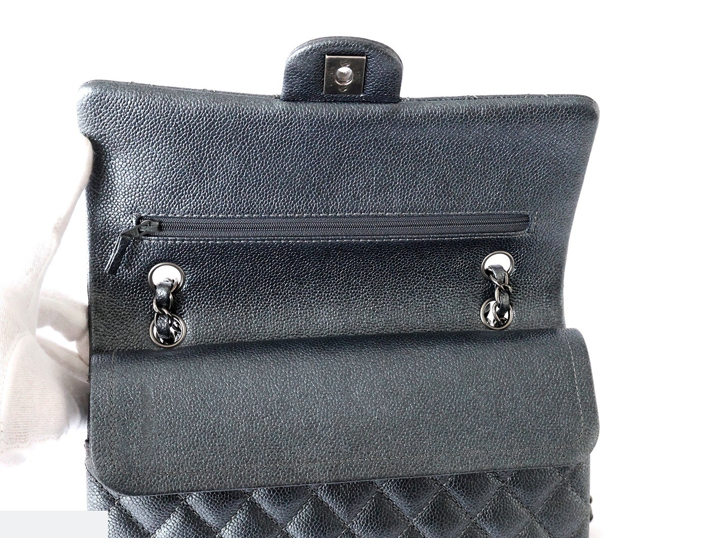Caviar leather Matelassé 25, double flap, double chain, gray metallic. — view 10