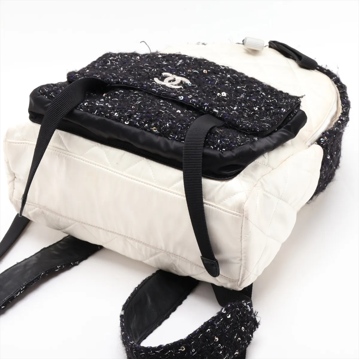 Matelassé Nylon x Tweed Backpack, White x Black, Silver Hardware, 25037681, Serial Number 25 — view 3