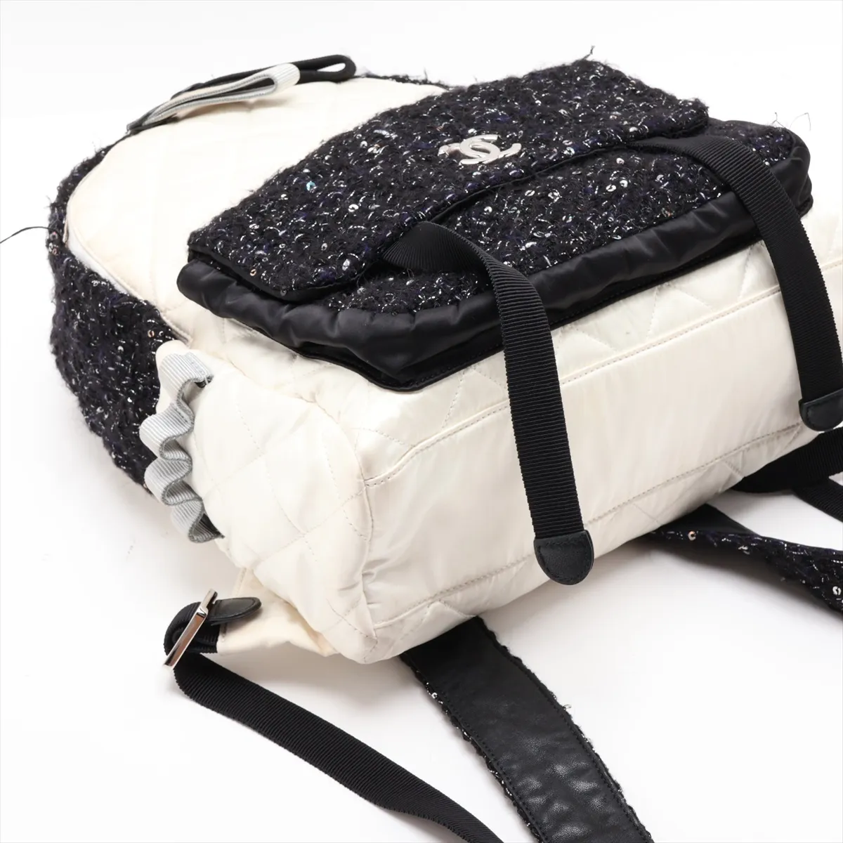 Matelassé Nylon x Tweed Backpack, White x Black, Silver Hardware, 25037681, Serial Number 25 — view 4