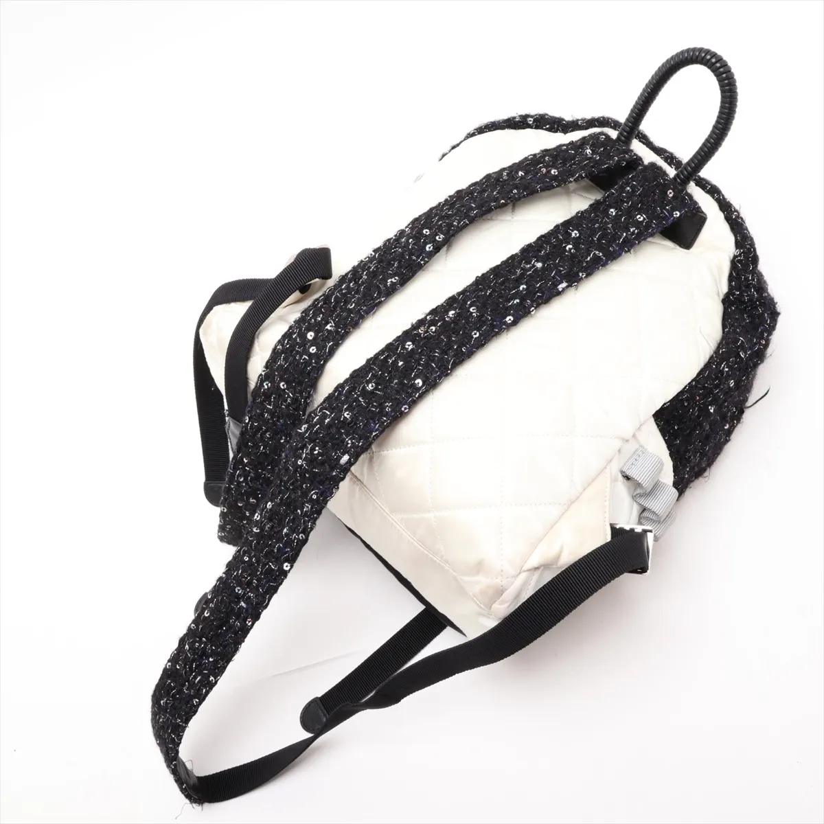 Matelassé Nylon x Tweed Backpack, White x Black, Silver Hardware, 25037681, Serial Number 25 — view 5