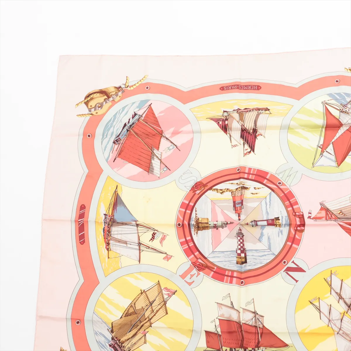 Carre 90 Belles Amures Scarf, "The Aesthetics of Sails," Silk, Pink. Shows signs of wear, — view 2