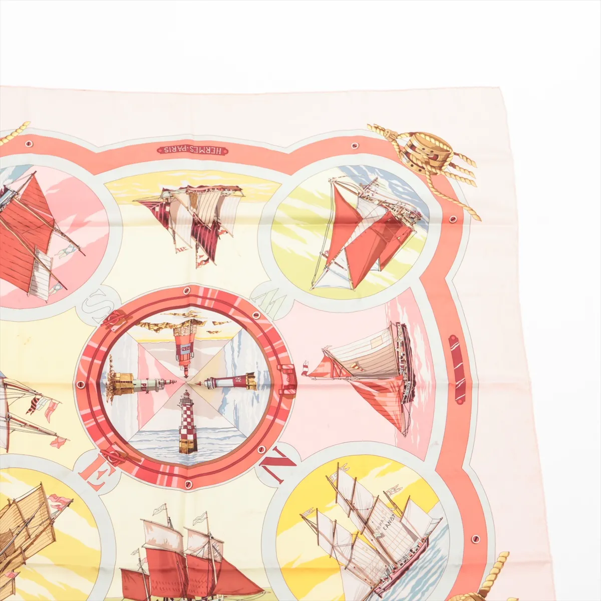 Carre 90 Belles Amures Scarf, "The Aesthetics of Sails," Silk, Pink. Shows signs of wear, — view 3