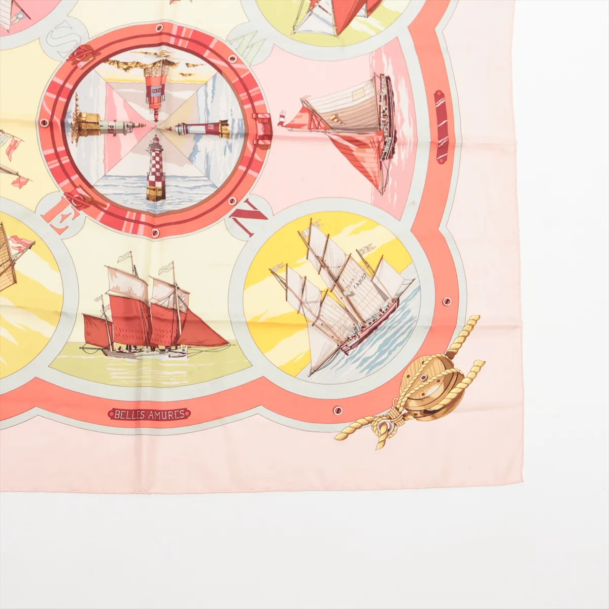 Carre 90 Belles Amures Scarf, "The Aesthetics of Sails," Silk, Pink. Shows signs of wear, — view 4