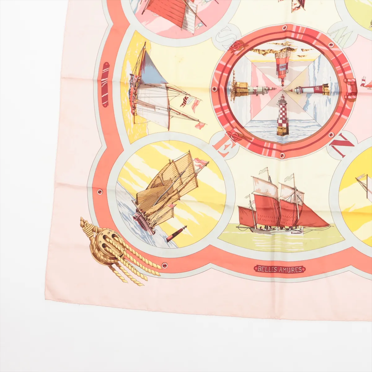 Carre 90 Belles Amures Scarf, "The Aesthetics of Sails," Silk, Pink. Shows signs of wear, — view 5