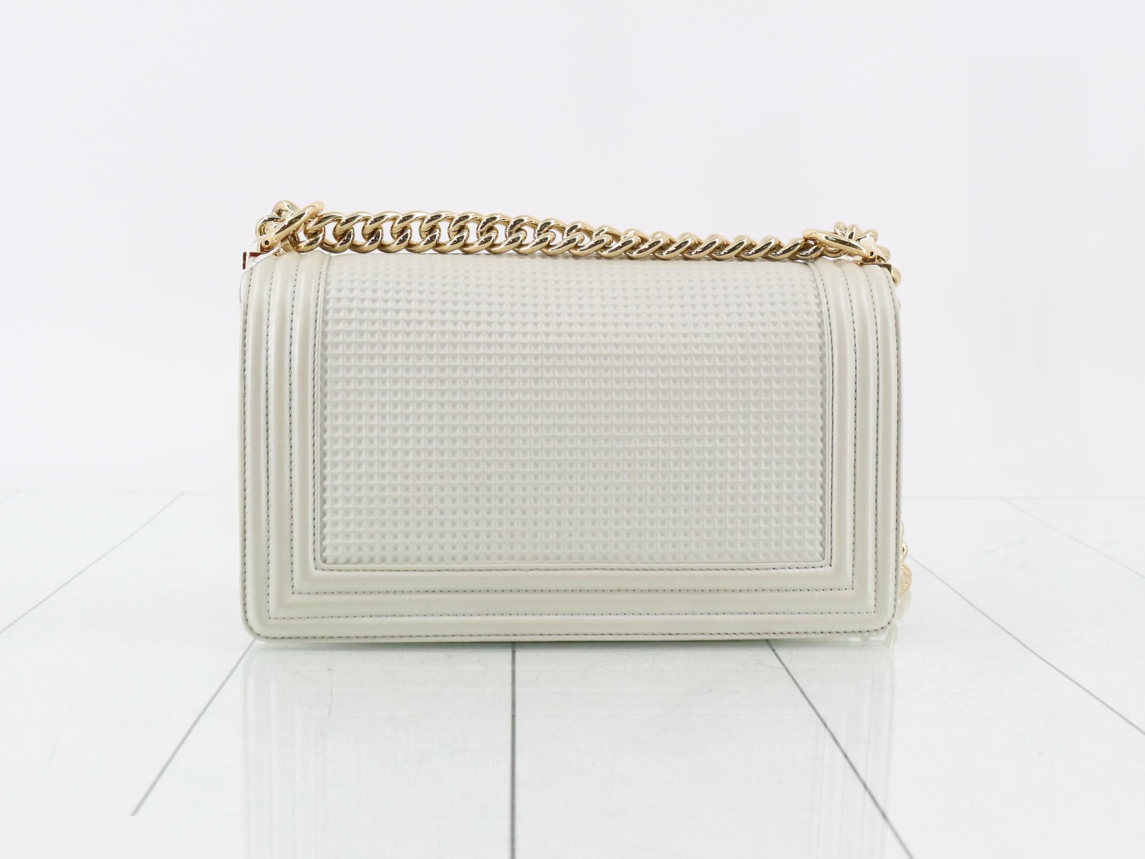 Boy Chanel Leather Chain Shoulder Bag, White — view 2