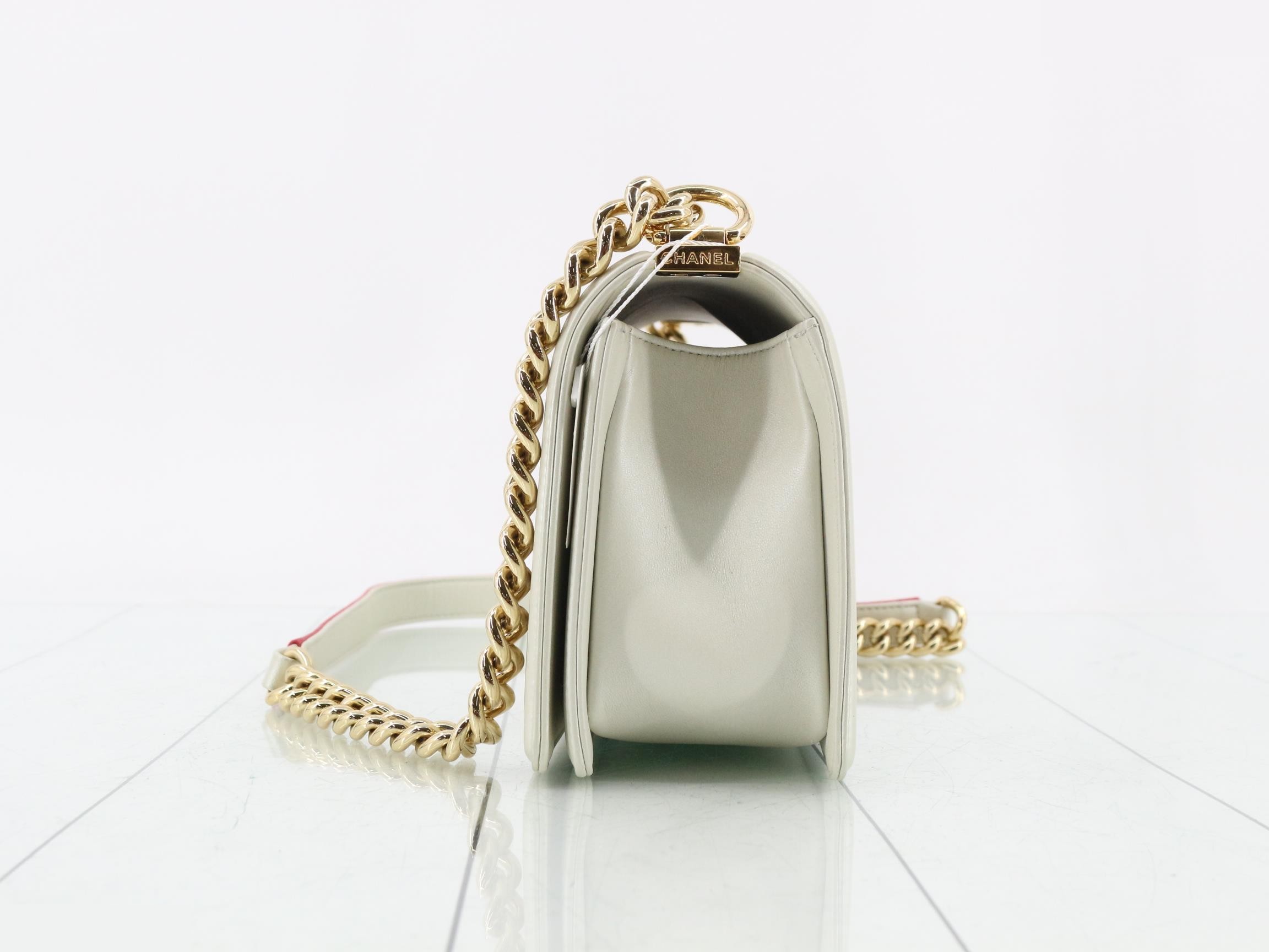 Boy Chanel Leather Chain Shoulder Bag, White — view 3