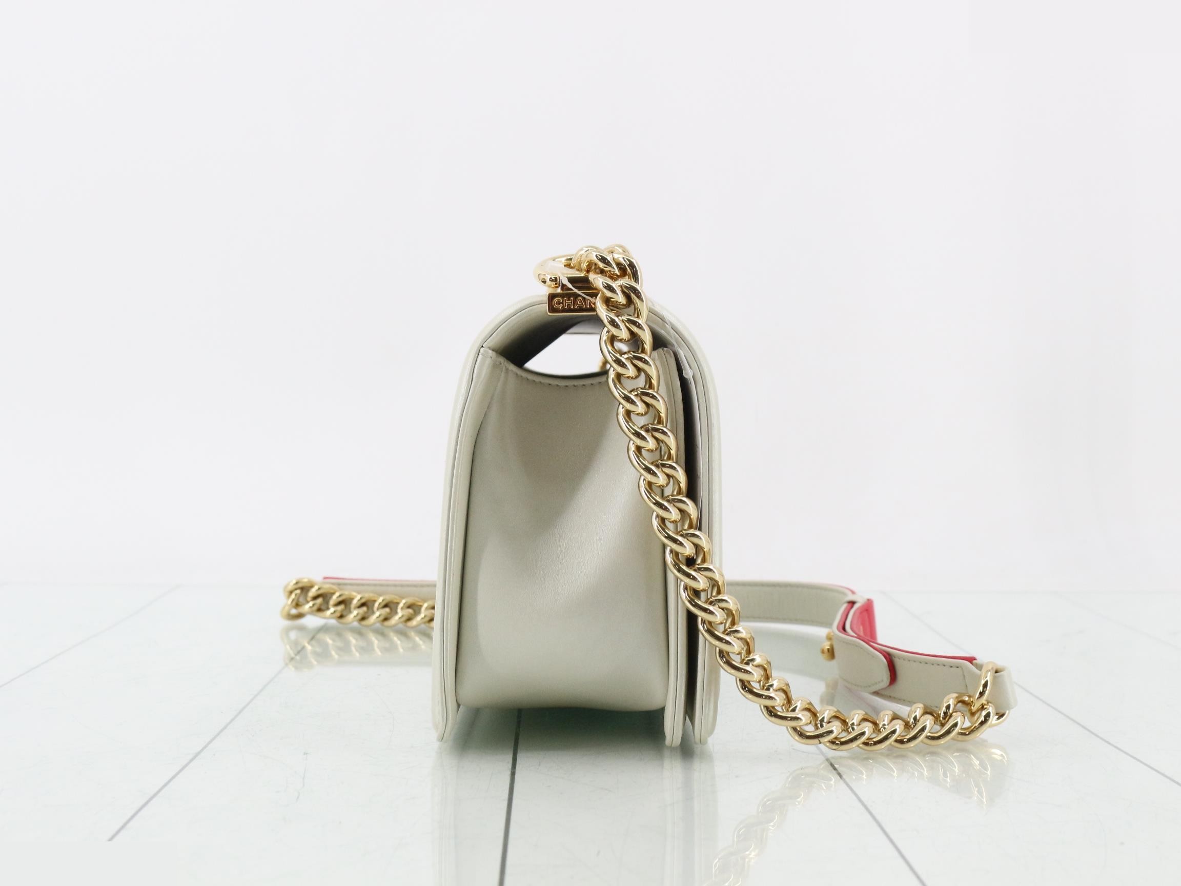 Boy Chanel Leather Chain Shoulder Bag, White — view 4