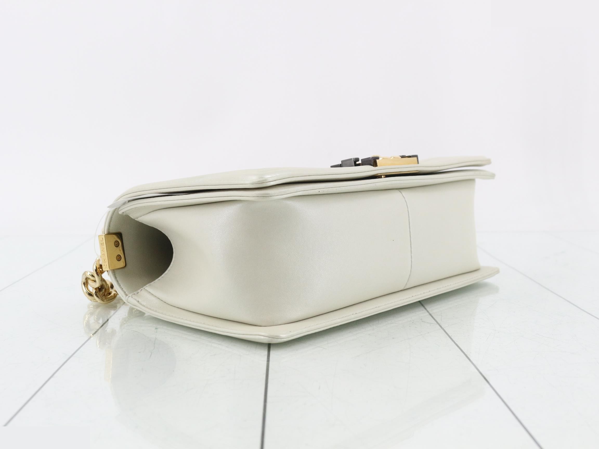 Boy Chanel Leather Chain Shoulder Bag, White — view 5