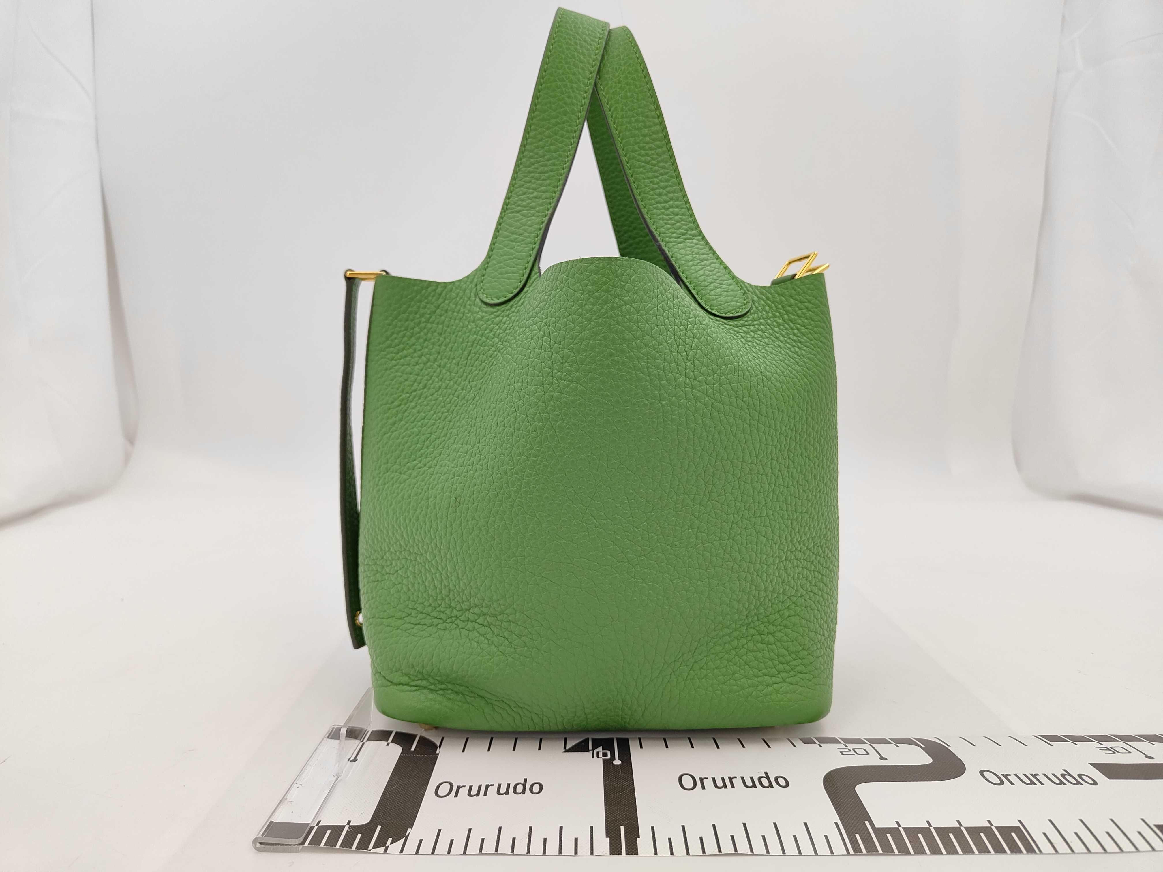 Picotin Lock Taurillon Leather Handbag, Green Tone, Gold Hardware, B Stamp — view 2