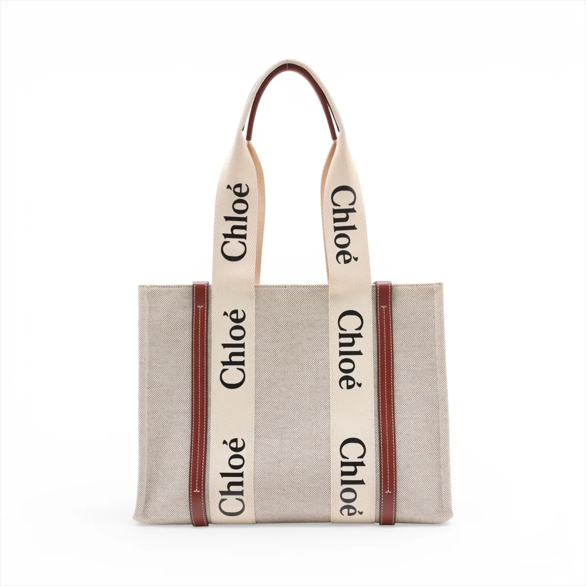 Woody Medium Canvas x Leather Tote Bag, Beige — view 2