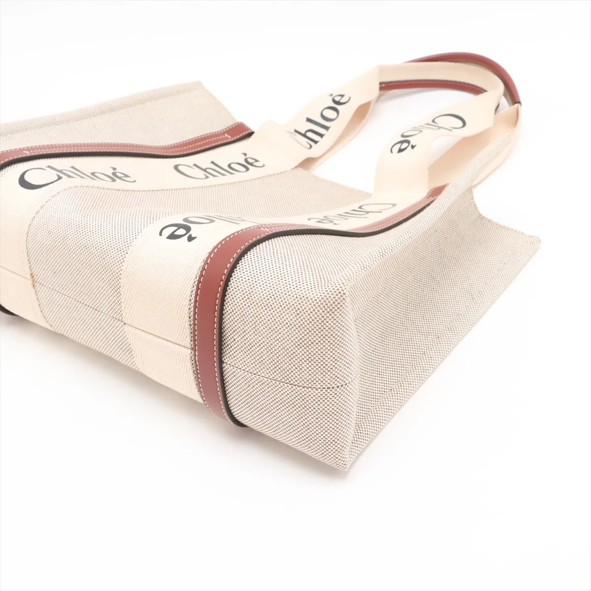 Woody Medium Canvas x Leather Tote Bag, Beige — view 3