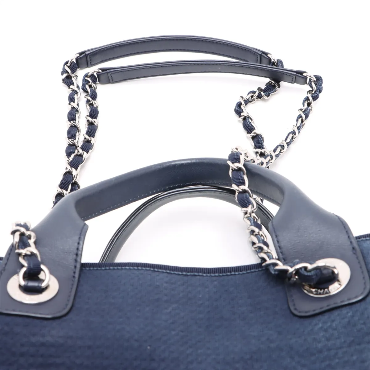 Deauville Canvas x Leather 2WAY Handbag Navy Silver Hardware CEHHA56A Random Plate — view 6