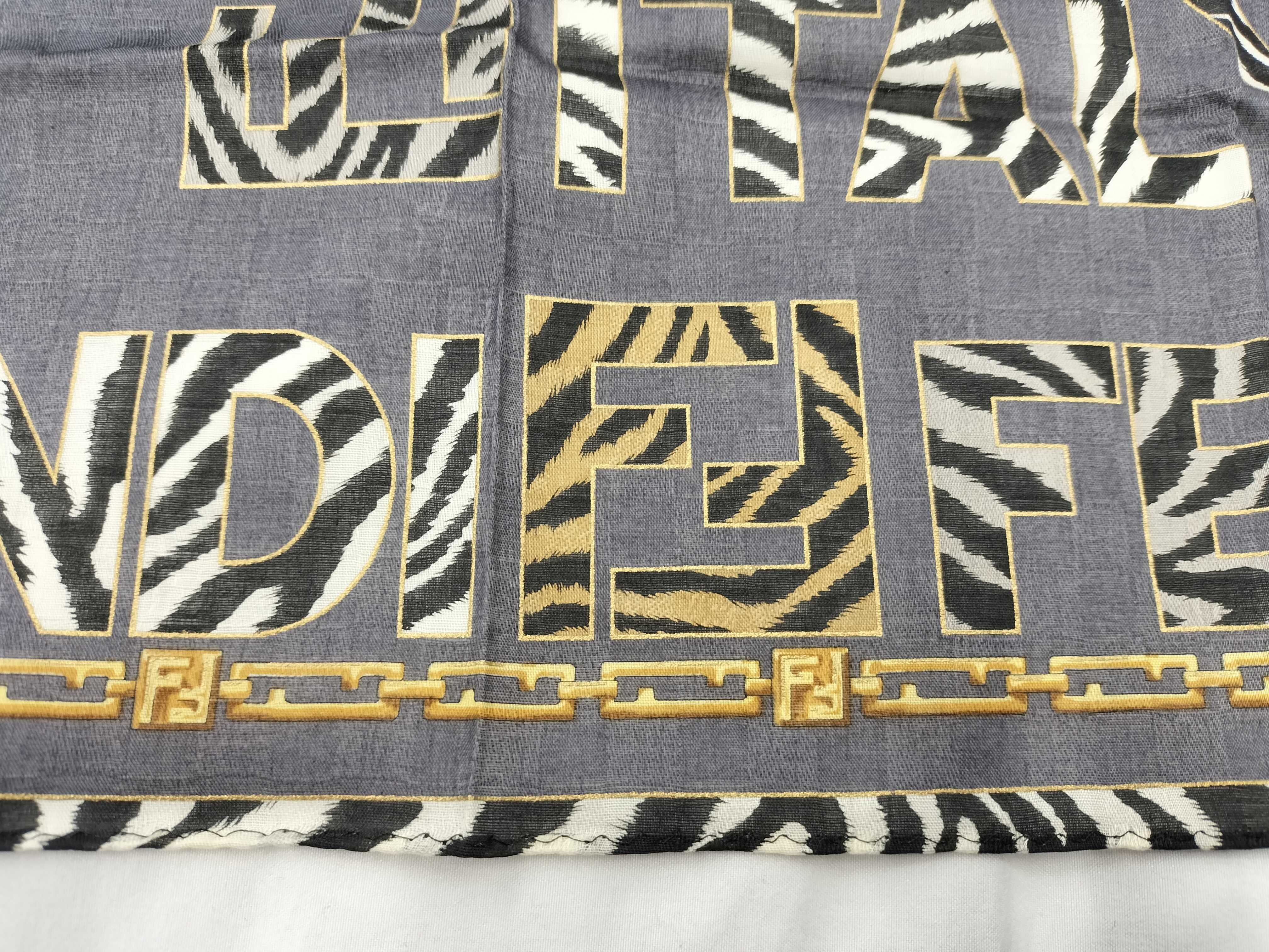 Zucca pattern Fendi handkerchief scarf with sticker, all-over logo print, animal zebra, chain, gray, other accessories — view 7