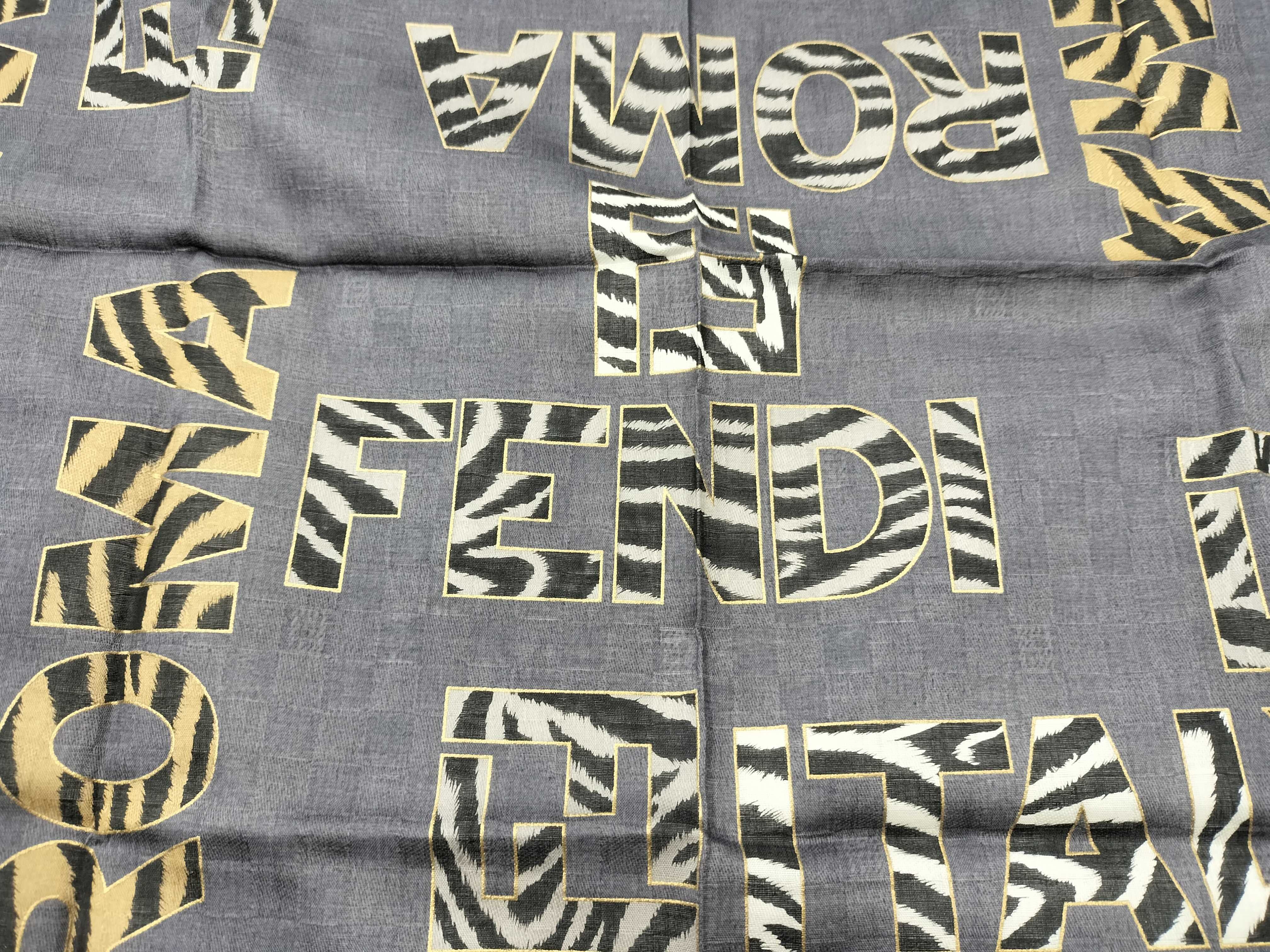 Zucca pattern Fendi handkerchief scarf with sticker, all-over logo print, animal zebra, chain, gray, other accessories — view 8