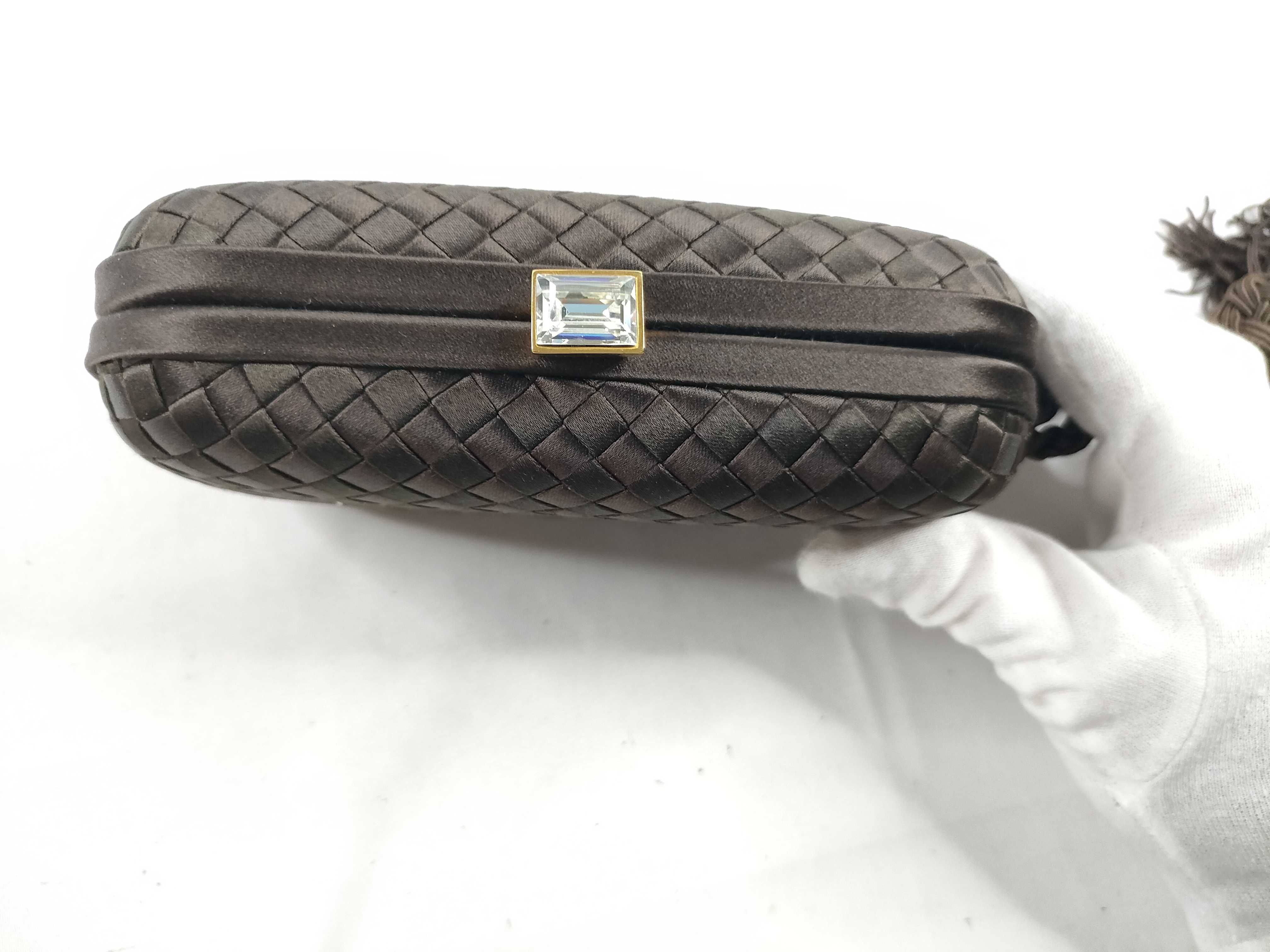 Intrecciato Clutch Bag with Fringe and Crystals, Brown Tones — view 7