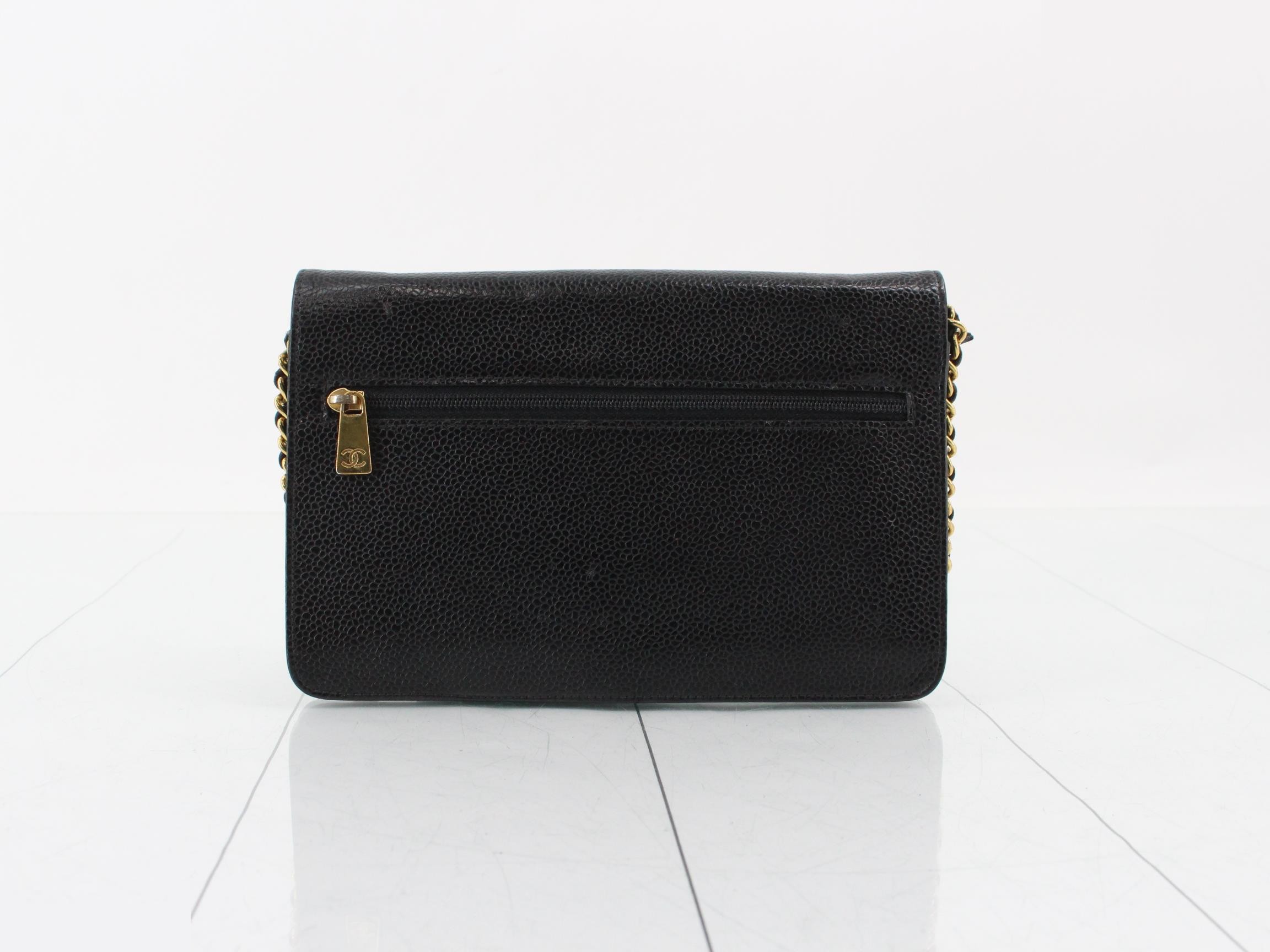 Caviar leather chain wallet, black, gold hardware. — view 2